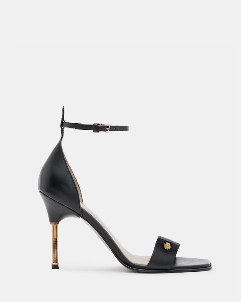 all saints Betty Square Toe Leather Heeled Sandals Black
