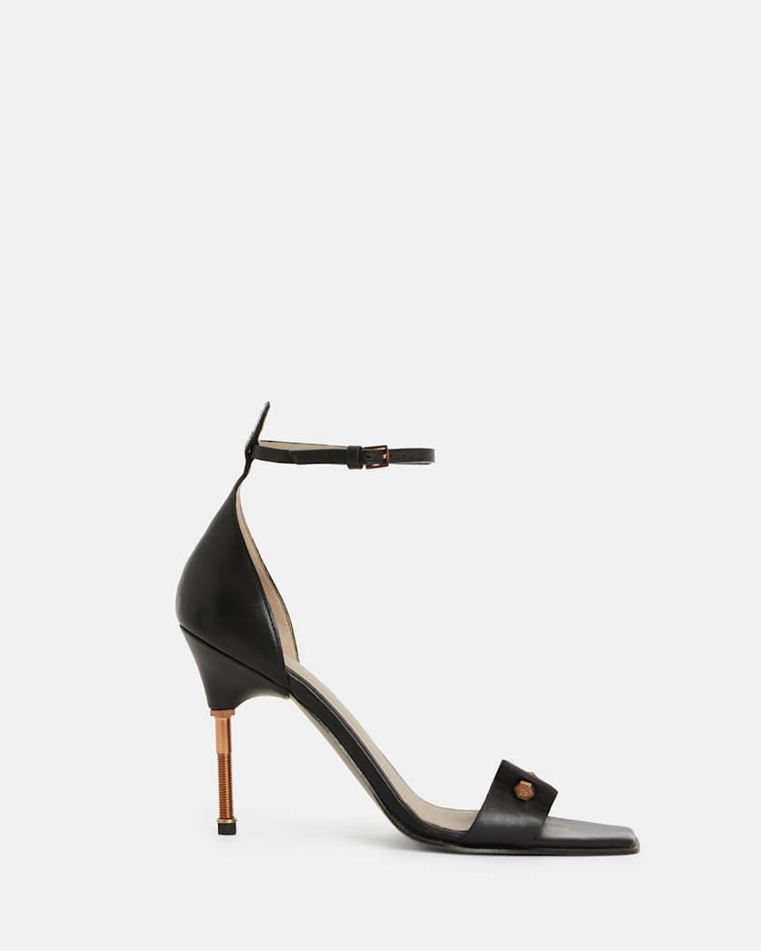 all saints Betty Square Toe Leather Heeled Sandals Black