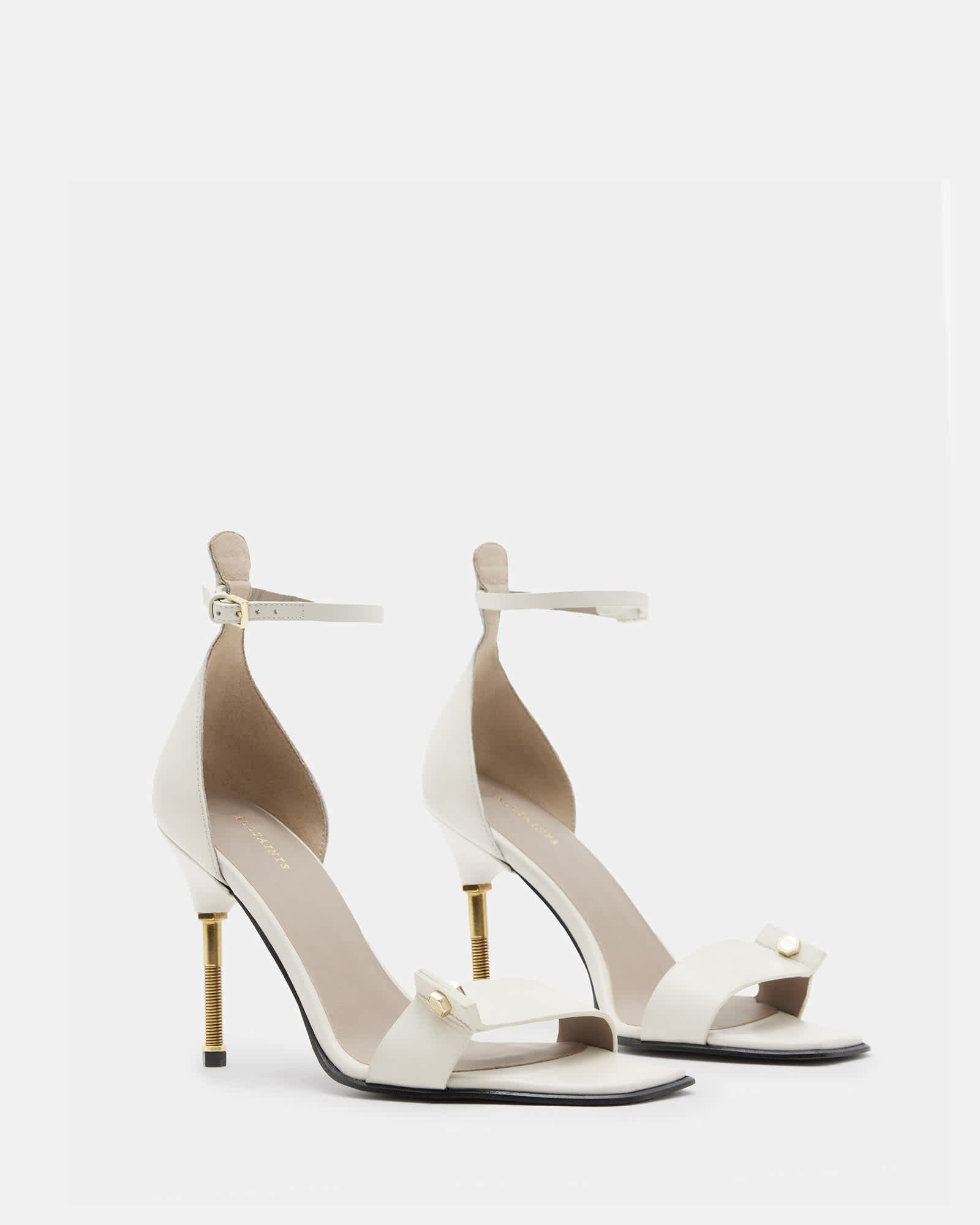 All Saints Betty Square Toe Leather Heeled Sandals Parchment White
