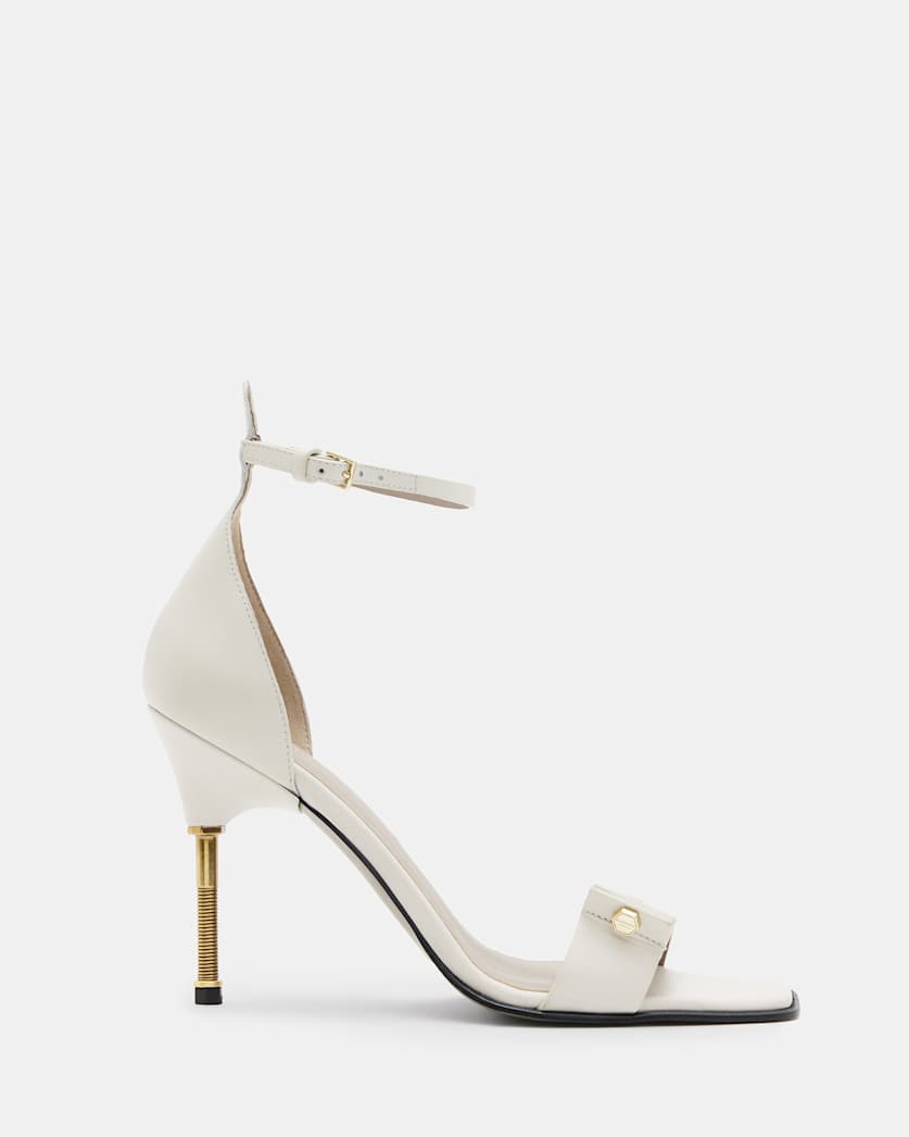 all saints Betty Square Toe Leather Heeled Sandals Parchment White
