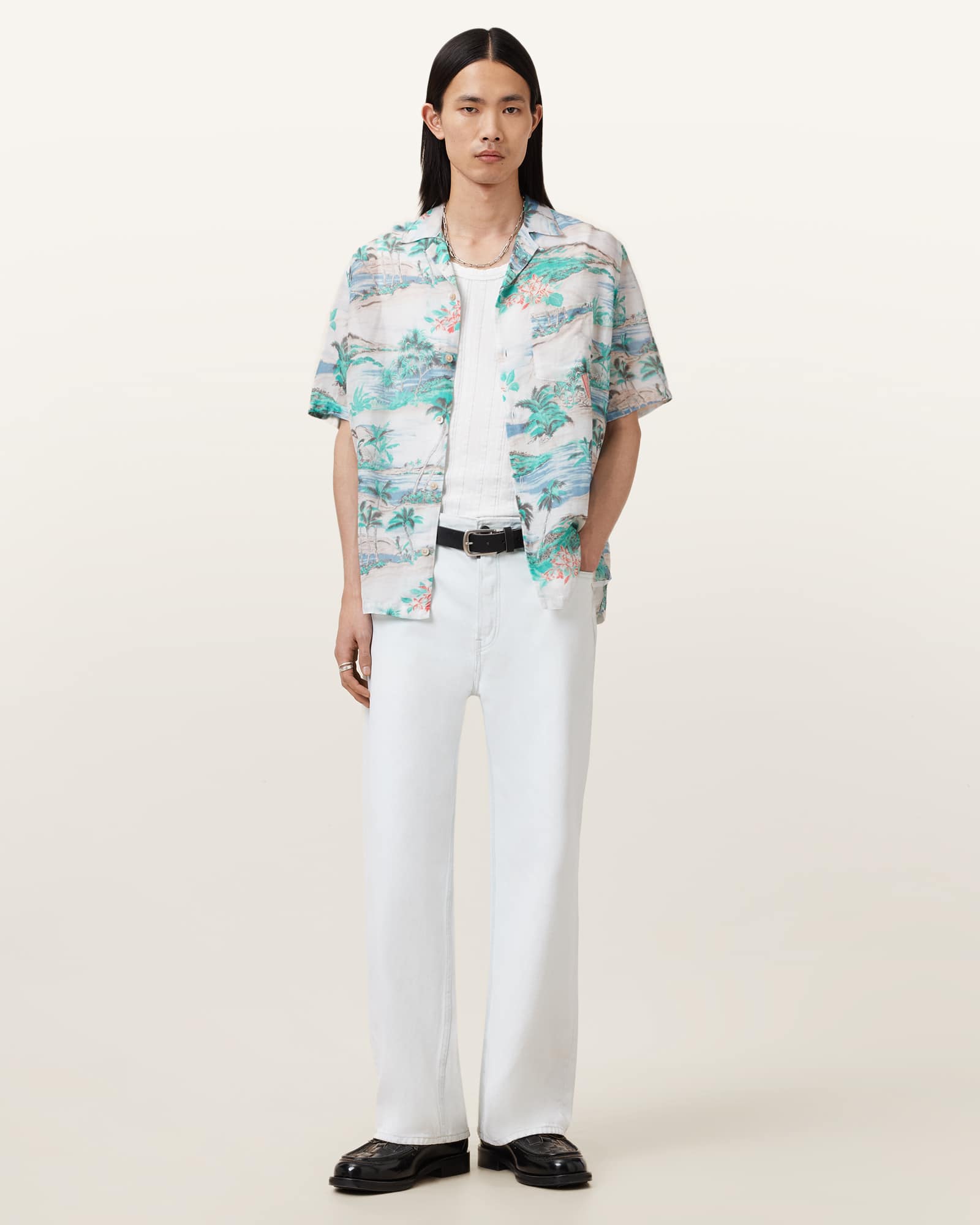 All Saints Biarritz Short Sleeve Printed Shirt Frosted White