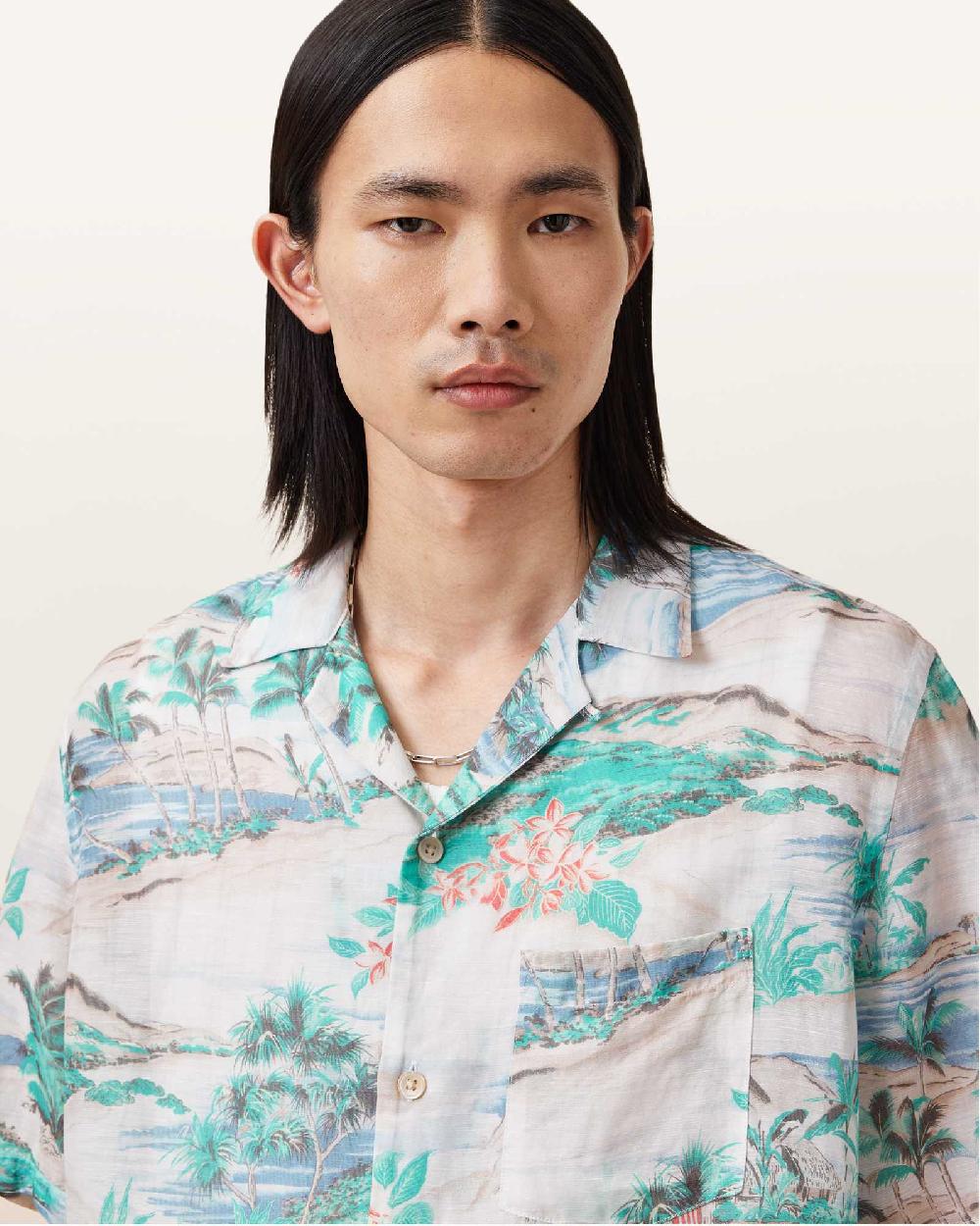 All Saints Biarritz Short Sleeve Printed Shirt Frosted White