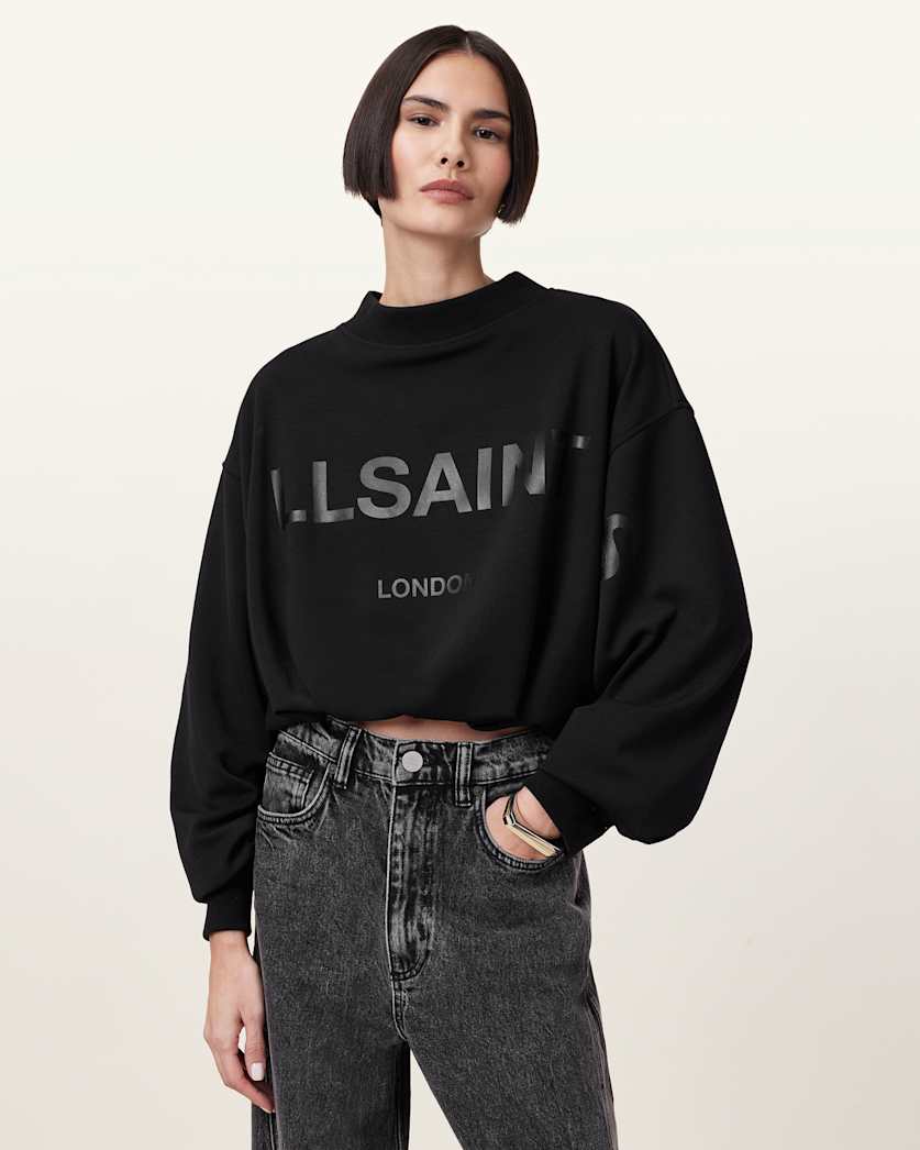 all saints Biggy Logo Print Cropped Sweatshirt Black