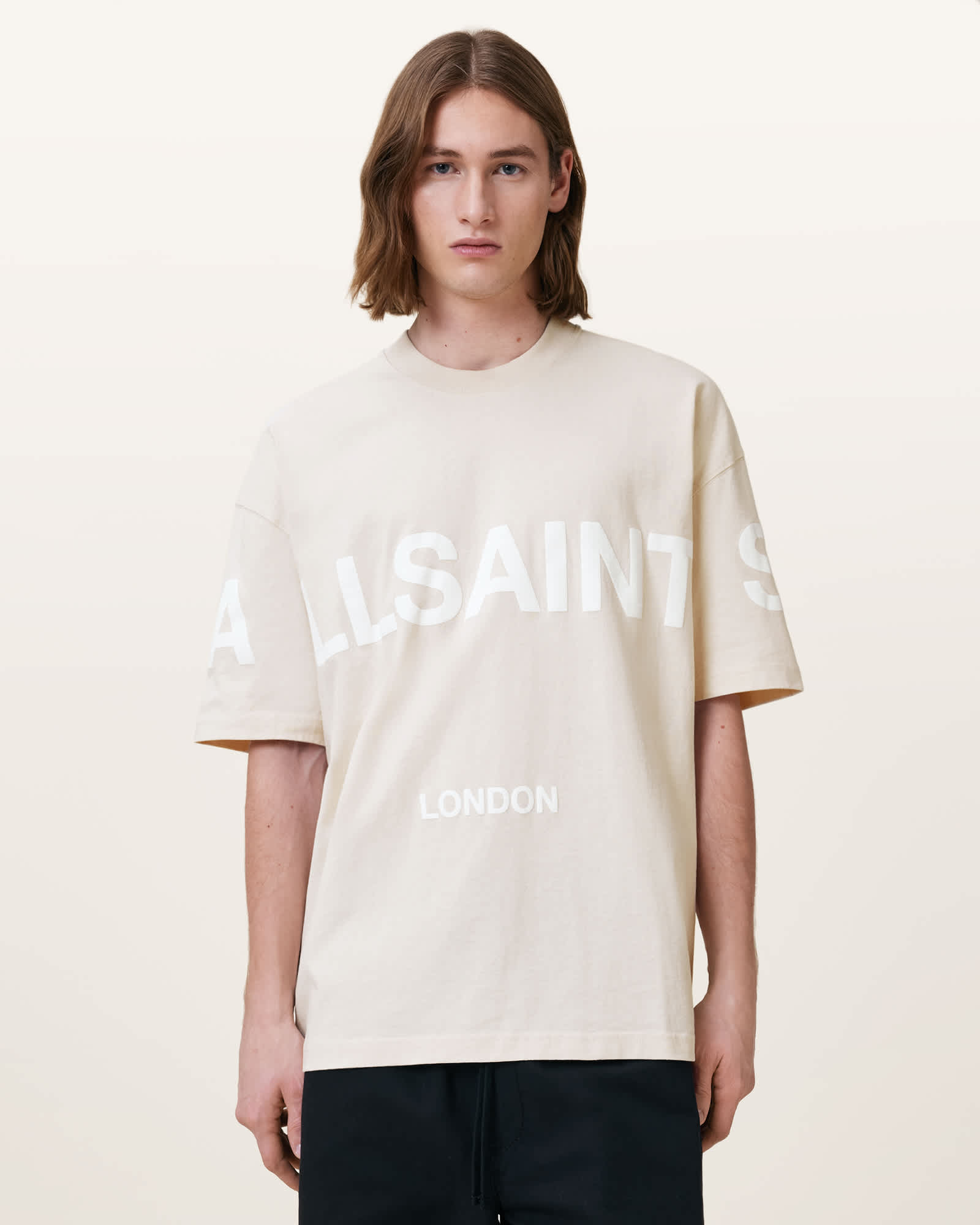 All Saints Biggy Oversized Logo Print T-Shirt BAILEY TAUPE