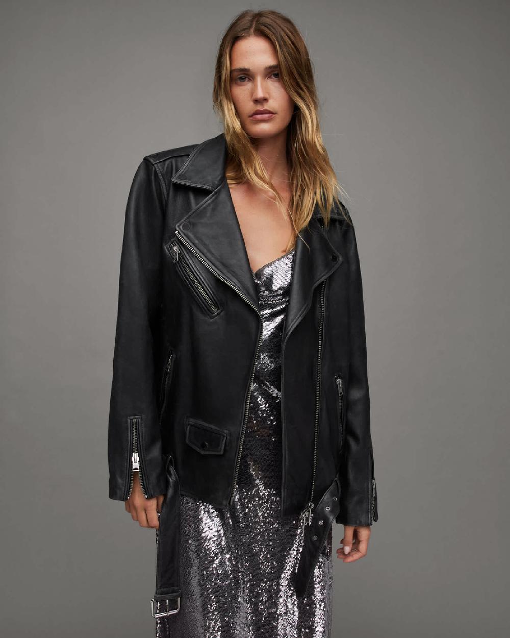 All Saints Billie Oversized Leather Biker Jacket Black