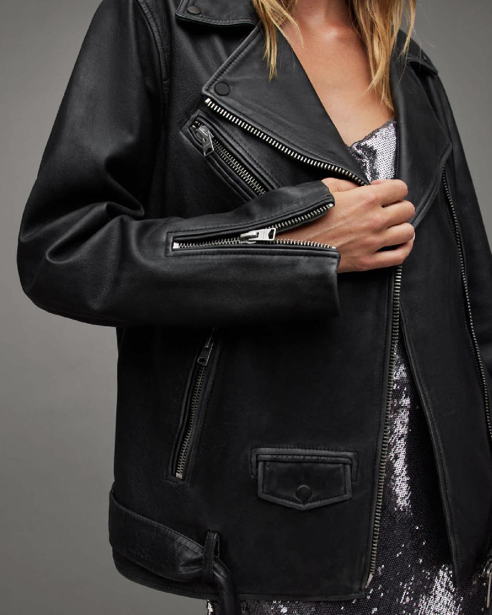 All Saints Billie Oversized Leather Biker Jacket Black