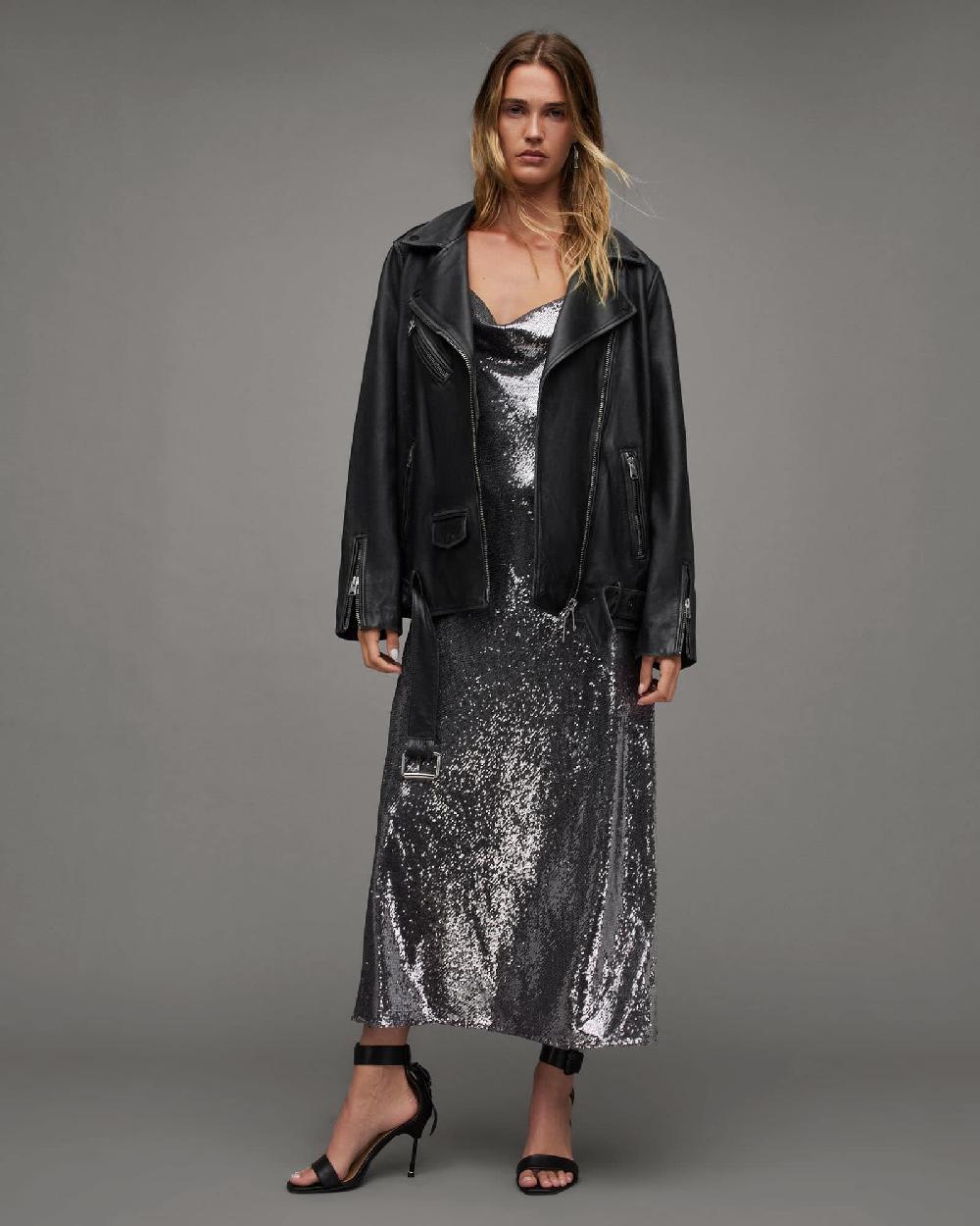 All Saints Billie Oversized Leather Biker Jacket Black