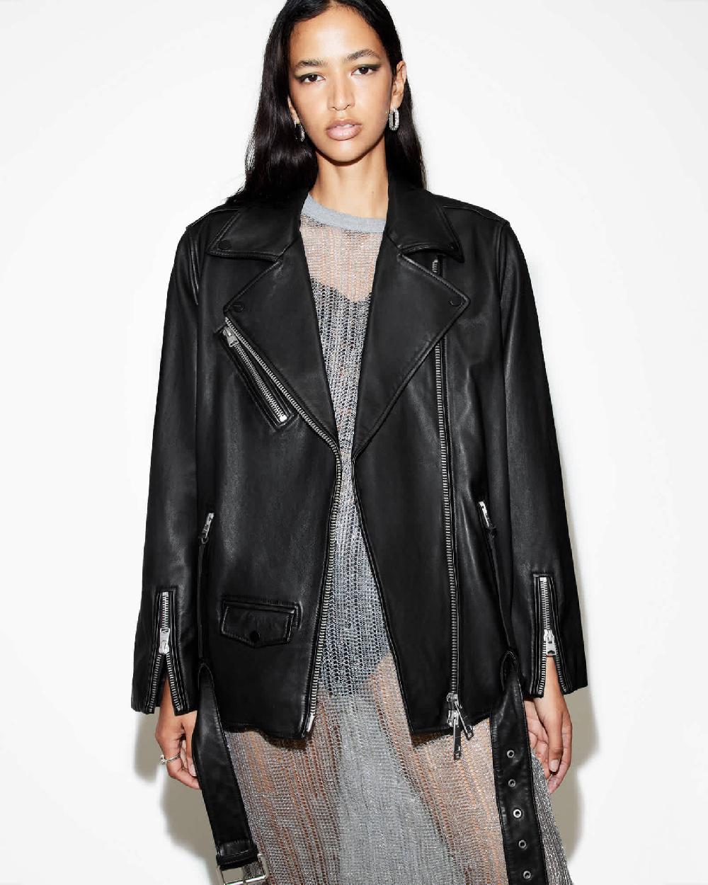 All Saints Billie Oversized Leather Biker Jacket Black