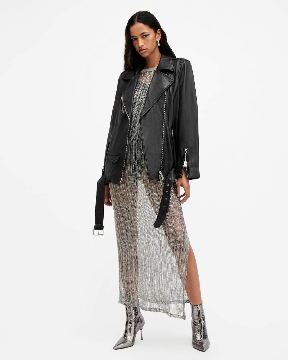 All Saints Billie Oversized Leather Biker Jacket Black