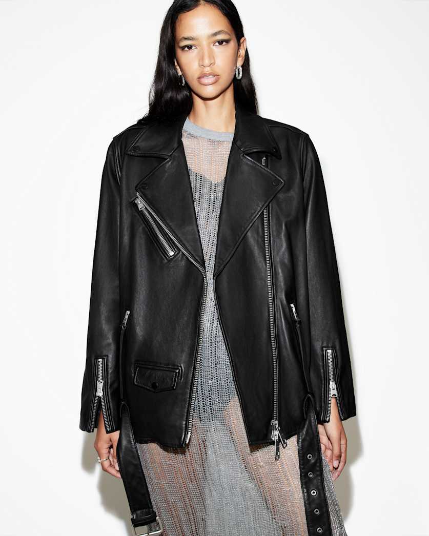 all saints Billie Oversized Leather Biker Jacket Black
