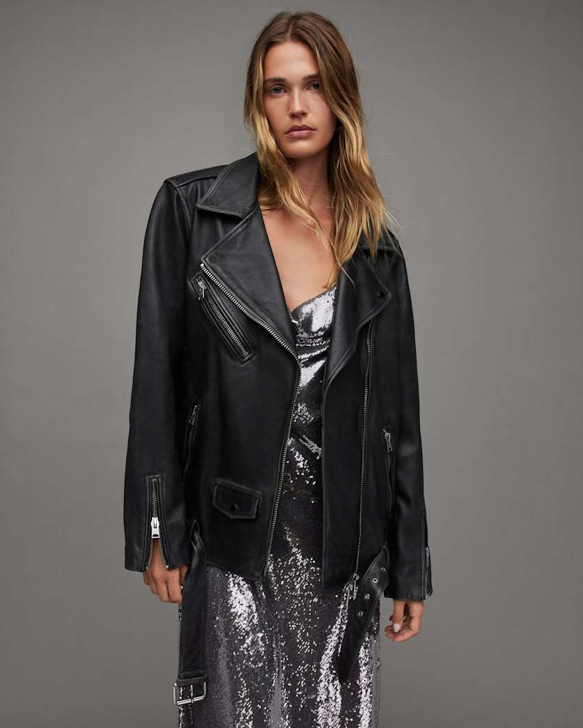 all saints Billie Oversized Leather Biker Jacket Black