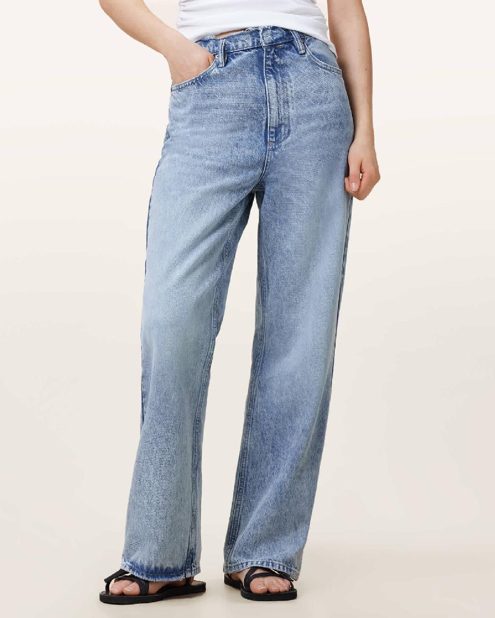 All Saints Blake Frayed Wide Leg Denim Jeans Light Indigo