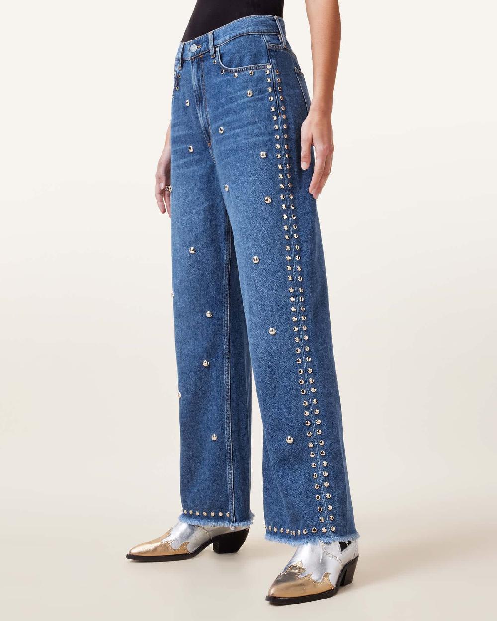 All Saints Blake Studded Wide Leg Denim Jeans Mid Indigo