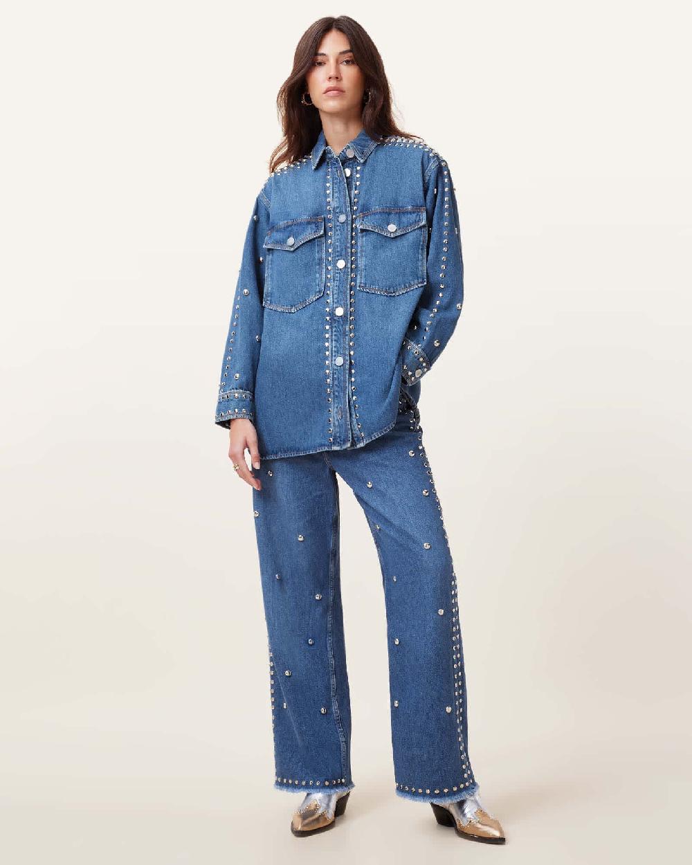 All Saints Blake Studded Wide Leg Denim Jeans Mid Indigo