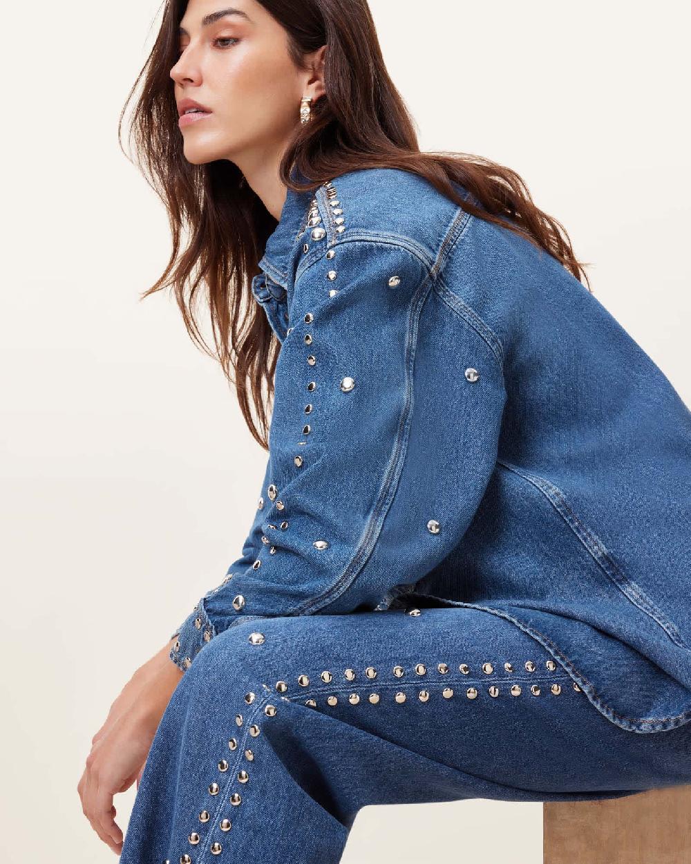 All Saints Blake Studded Wide Leg Denim Jeans Mid Indigo