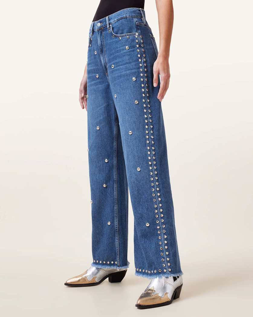 all saints Blake Studded Wide Leg Denim Jeans Mid Indigo
