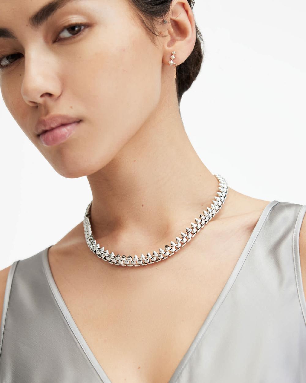 All Saints Bobbie Box Chain Studded Necklace WRM SLVR/BLCK DIAM