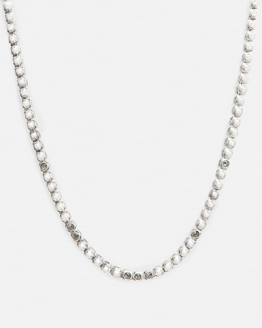 all saints Bobbie Box Chain Studded Necklace WRM SLVR/BLCK DIAM