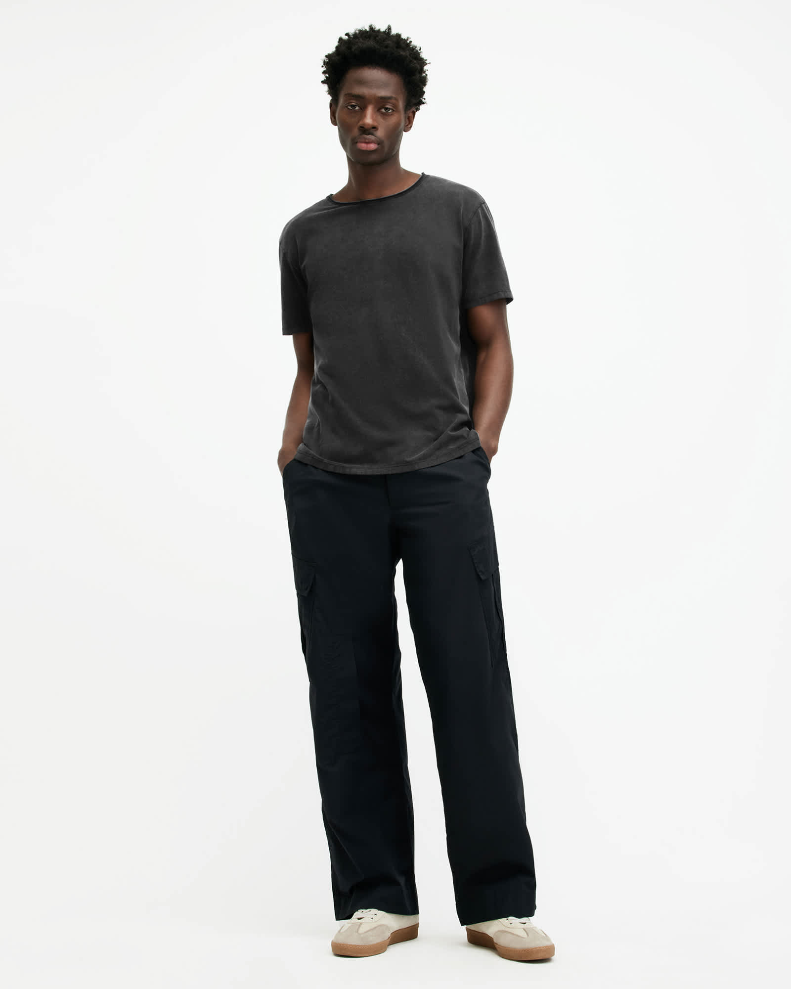 All Saints Bodega Crew Neck Raw Edge T-Shirt Washed Black