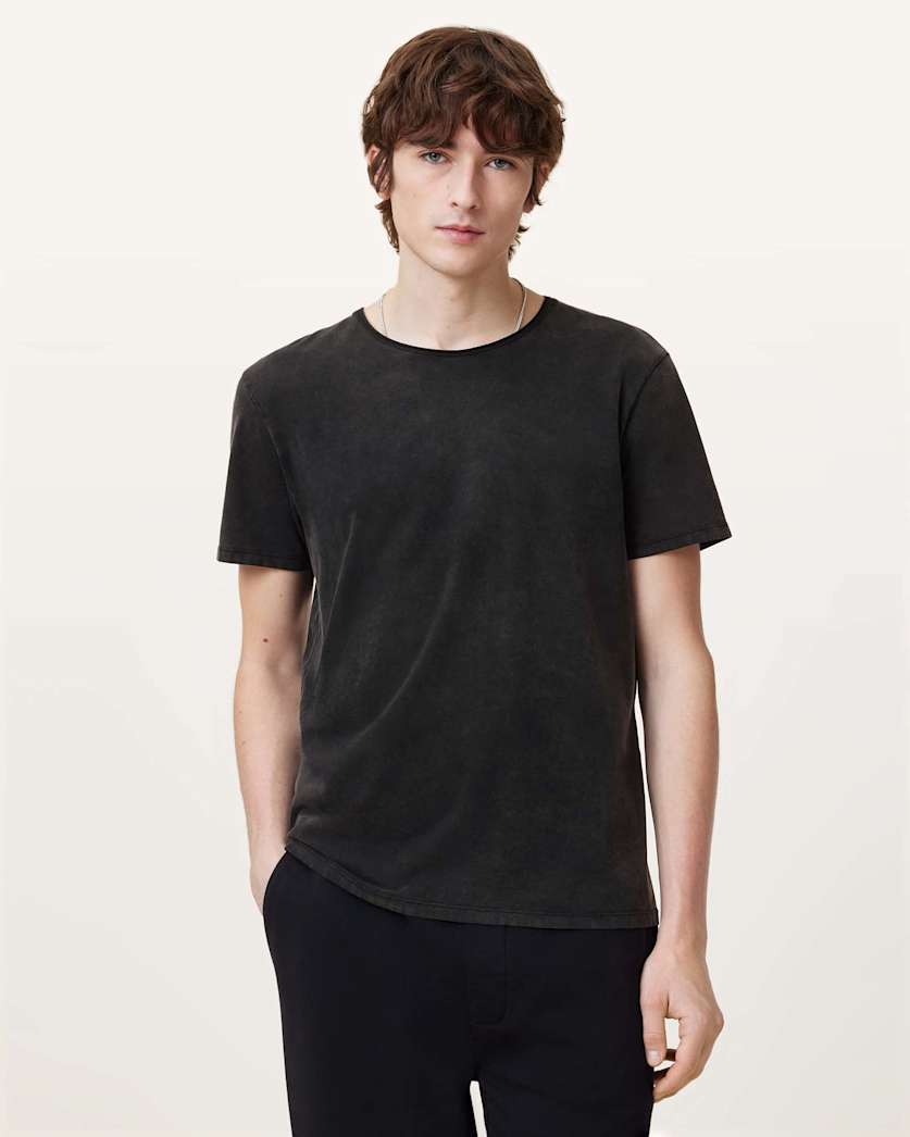 all saints Bodega Crew Neck Raw Edge T-Shirt Washed Black