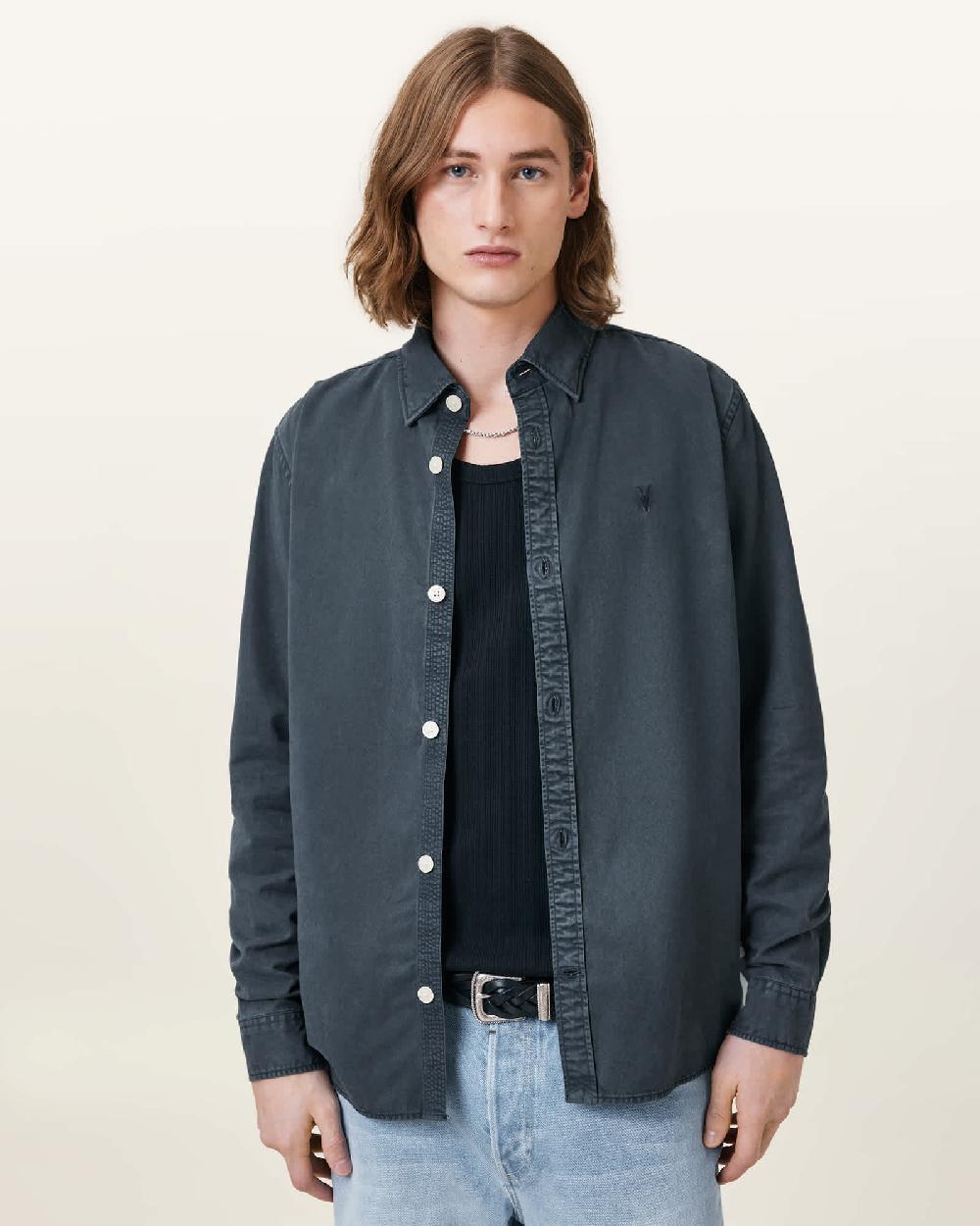 All Saints Bodhi Long Sleeve Ramskull Overshirt Odyssey Blue