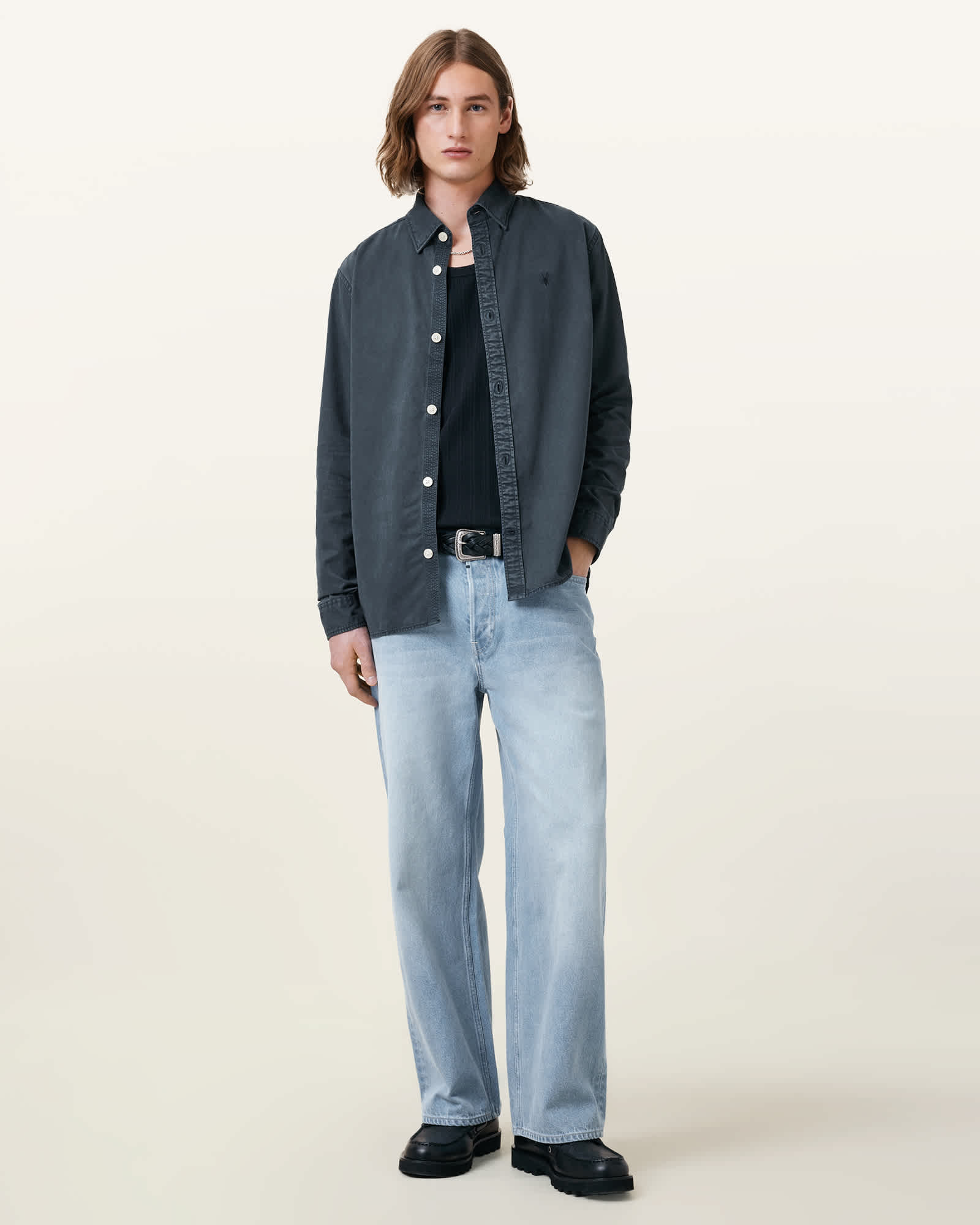 All Saints Bodhi Long Sleeve Ramskull Overshirt Odyssey Blue