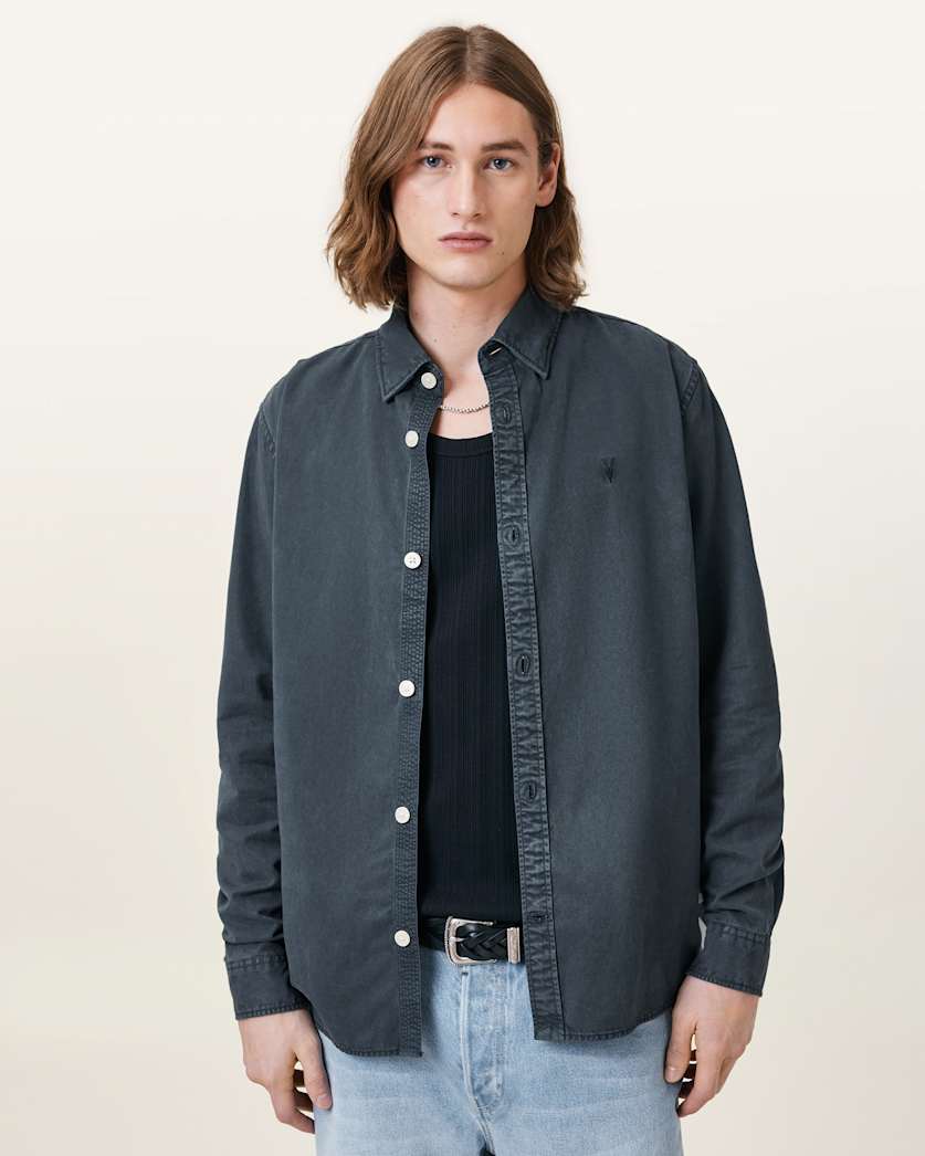 all saints Bodhi Long Sleeve Ramskull Overshirt Odyssey Blue