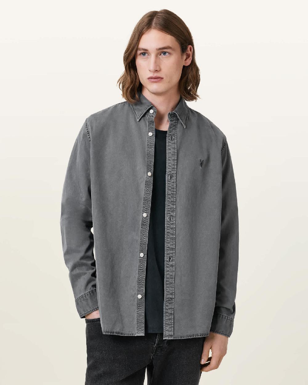 All Saints Bodhi Long Sleeve Ramskull Overshirt Pillar Grey