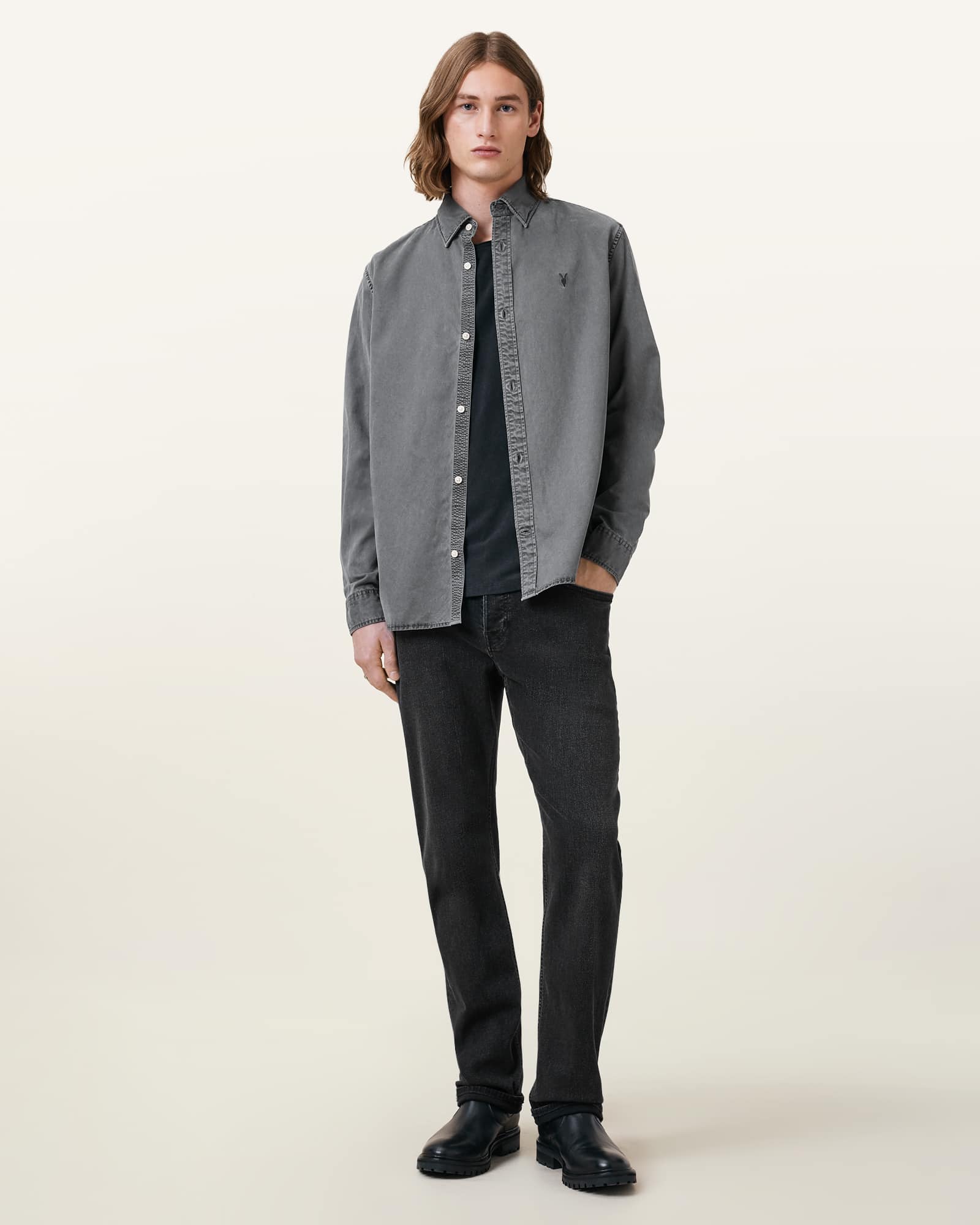 All Saints Bodhi Long Sleeve Ramskull Overshirt Pillar Grey
