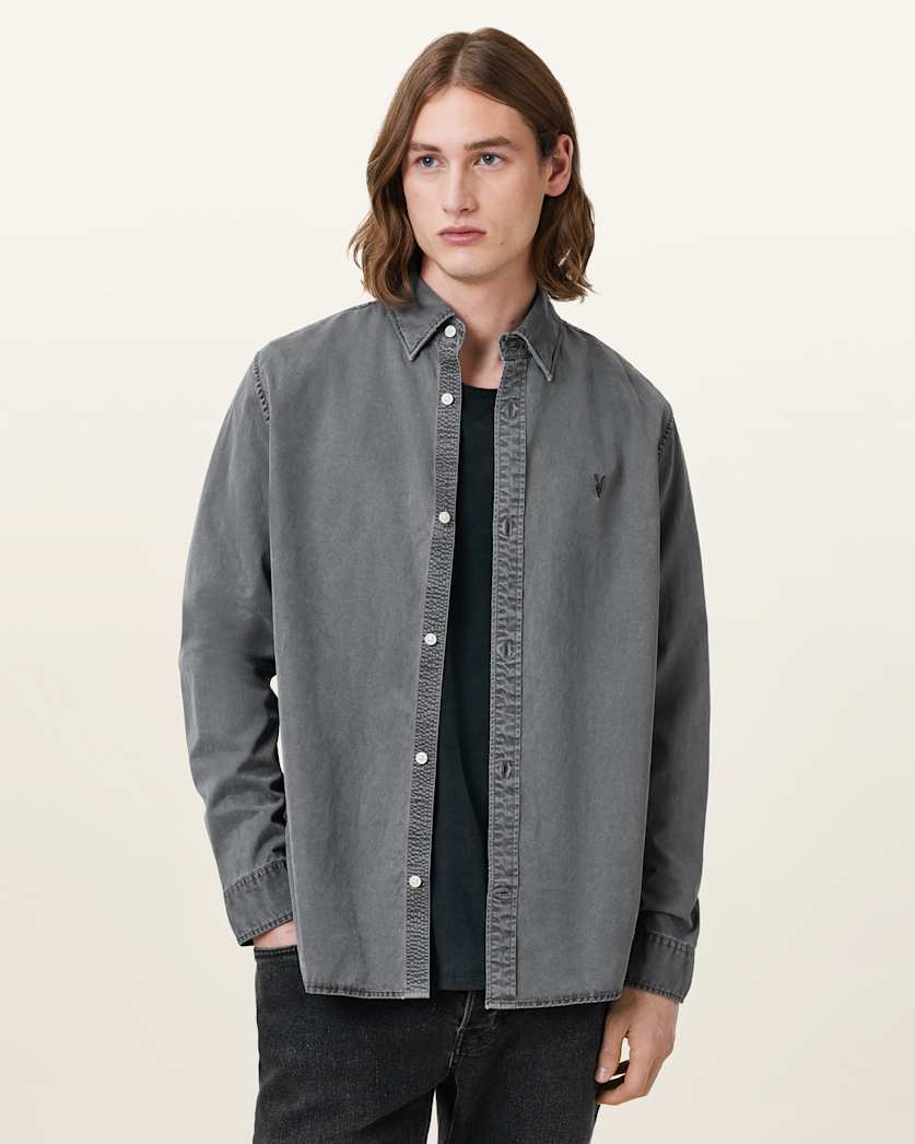 all saints Bodhi Long Sleeve Ramskull Overshirt Pillar Grey