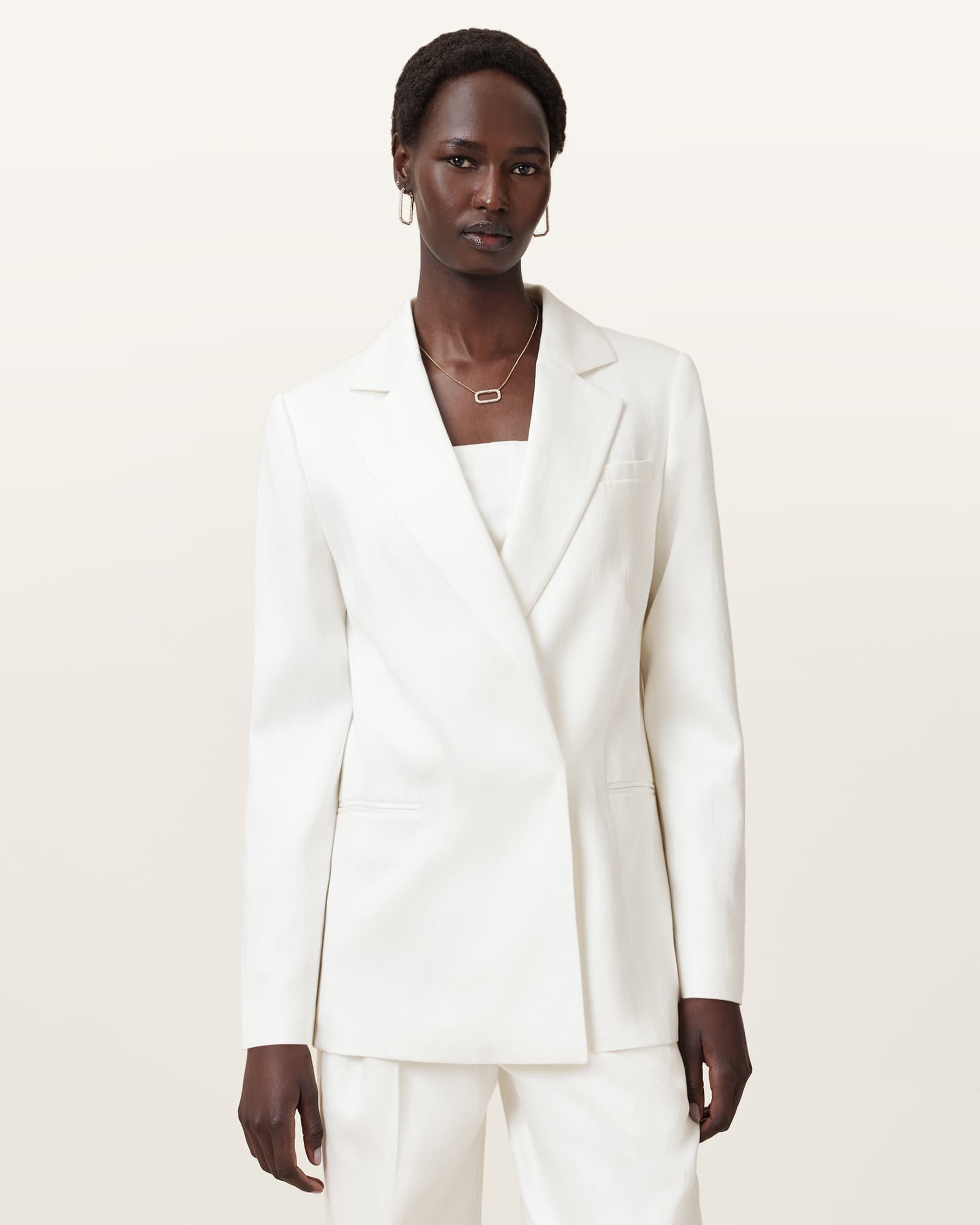 All Saints Bonnie Double-Breasted Linen Blend Blazer White