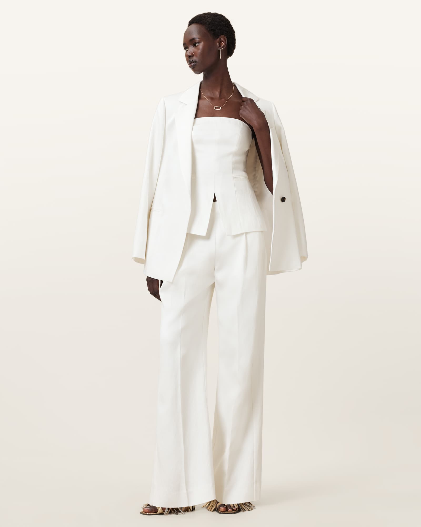 All Saints Bonnie Double-Breasted Linen Blend Blazer White