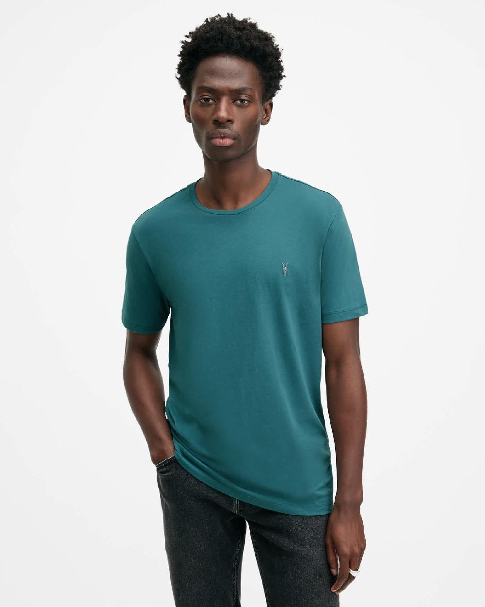 All Saints Brace Brushed Cotton Crew Neck T-Shirt Aqua Lake Blue