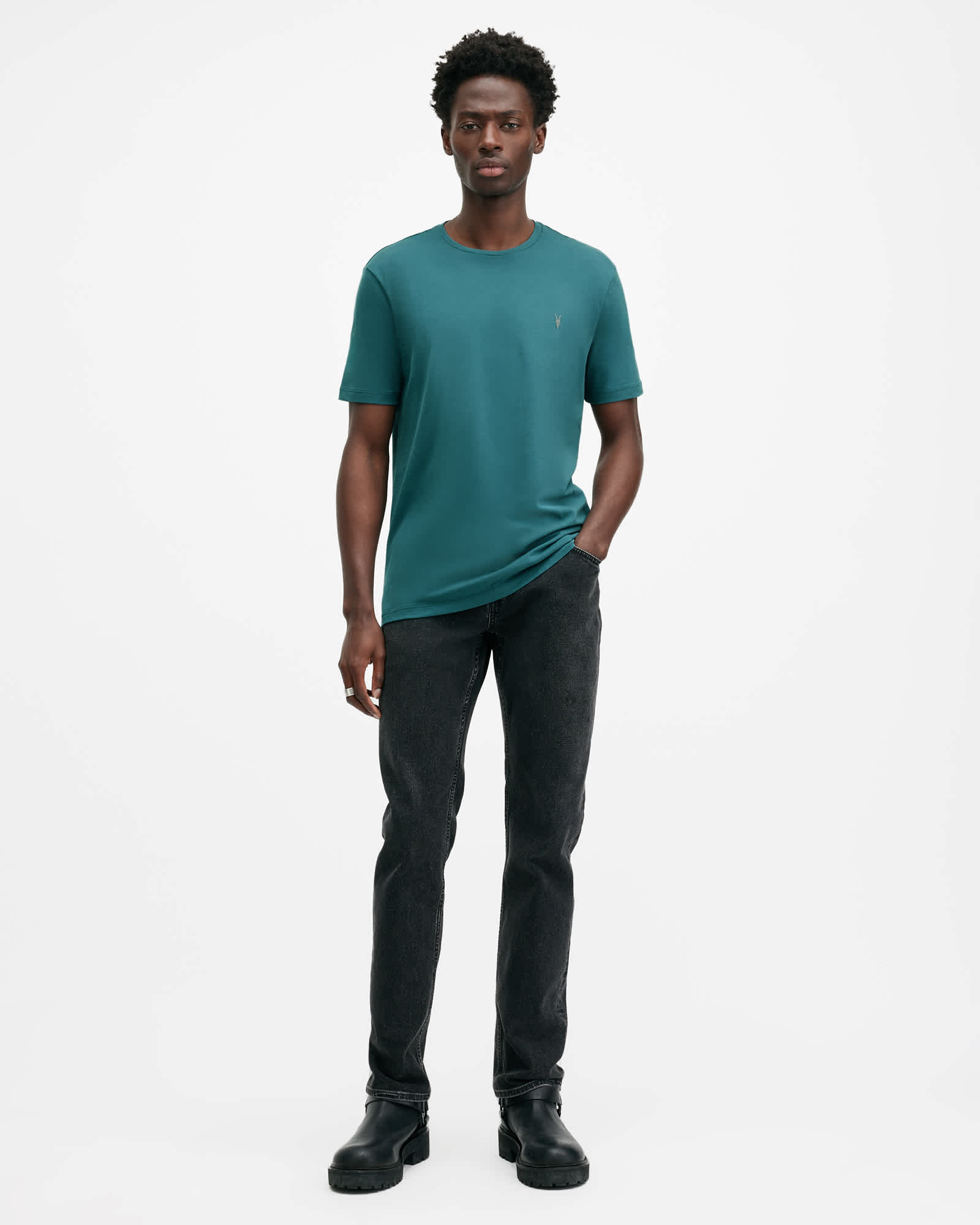 All Saints Brace Brushed Cotton Crew Neck T-Shirt Aqua Lake Blue