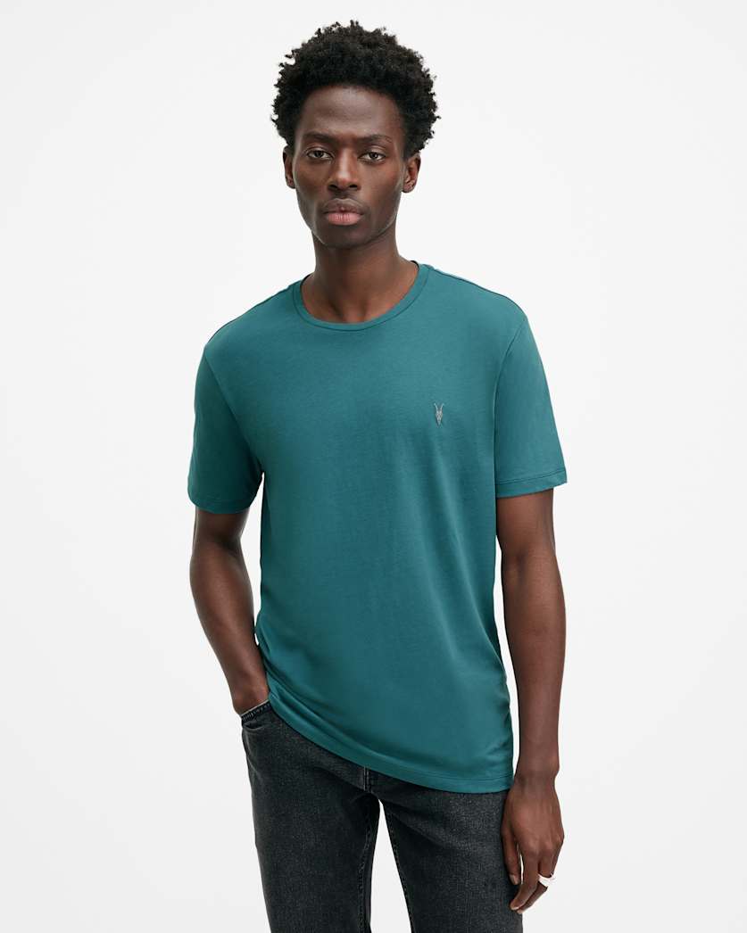 all saints Brace Brushed Cotton Crew Neck T-Shirt Aqua Lake Blue