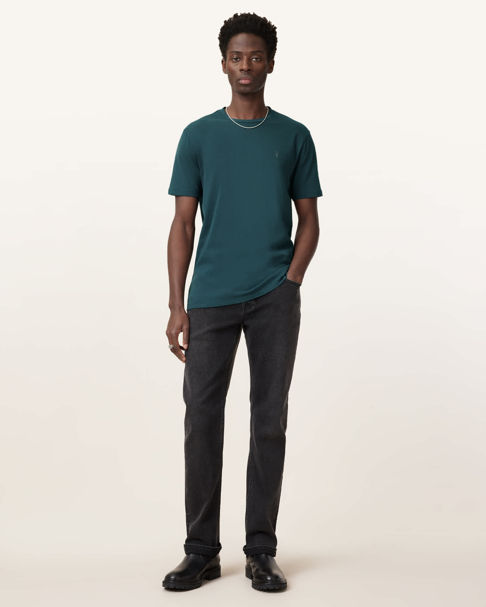 All Saints Brace Brushed Cotton Crew Neck T-Shirt Cove Green