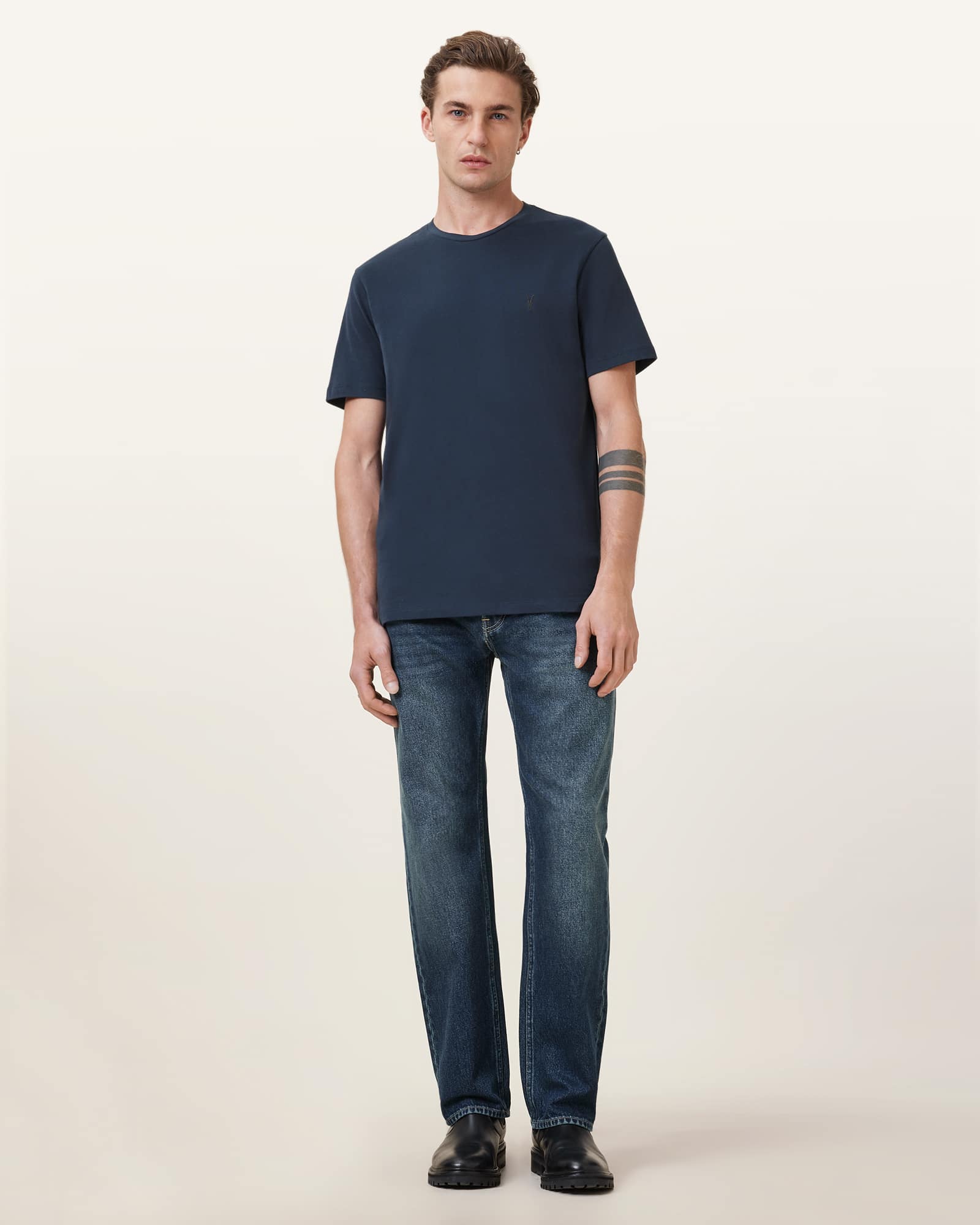 All Saints Brace Brushed Cotton Crew Neck T-Shirt Navy Blue