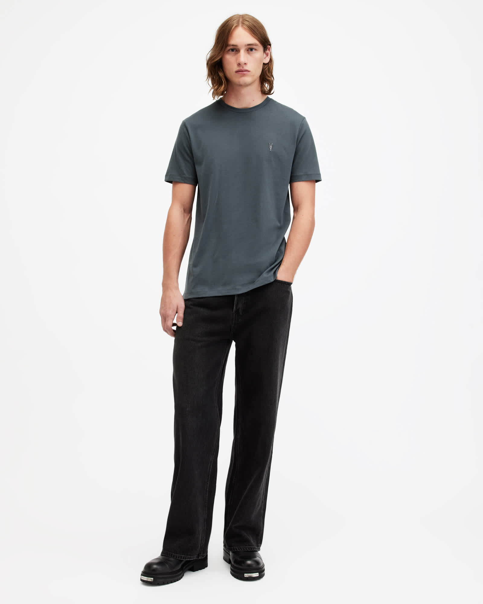 All Saints Brace Brushed Cotton Crew Neck T-Shirt Potion Blue