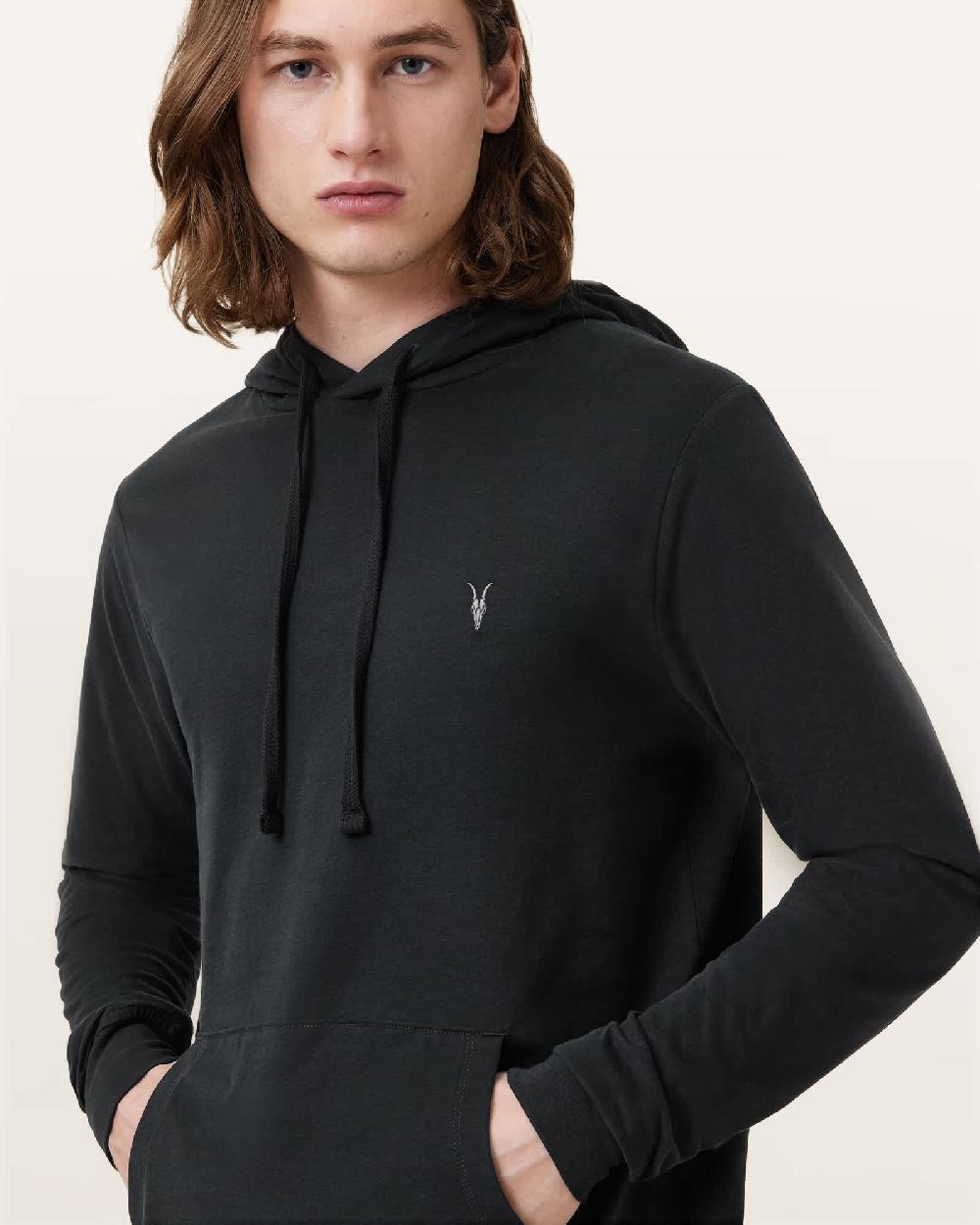 All Saints Brace Pullover Brushed Cotton Ramskull Hoodie Jet Black