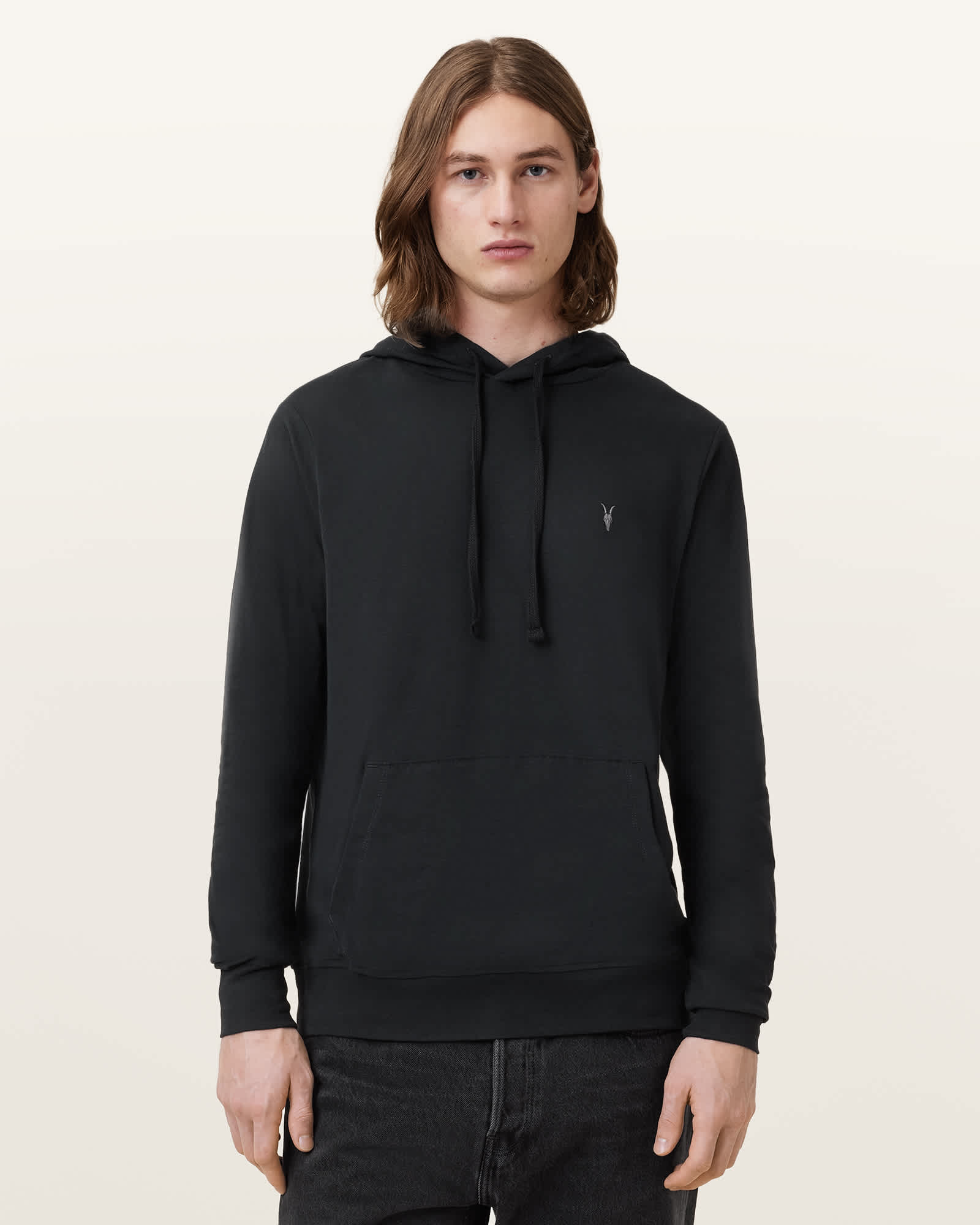 All Saints Brace Pullover Brushed Cotton Ramskull Hoodie Jet Black