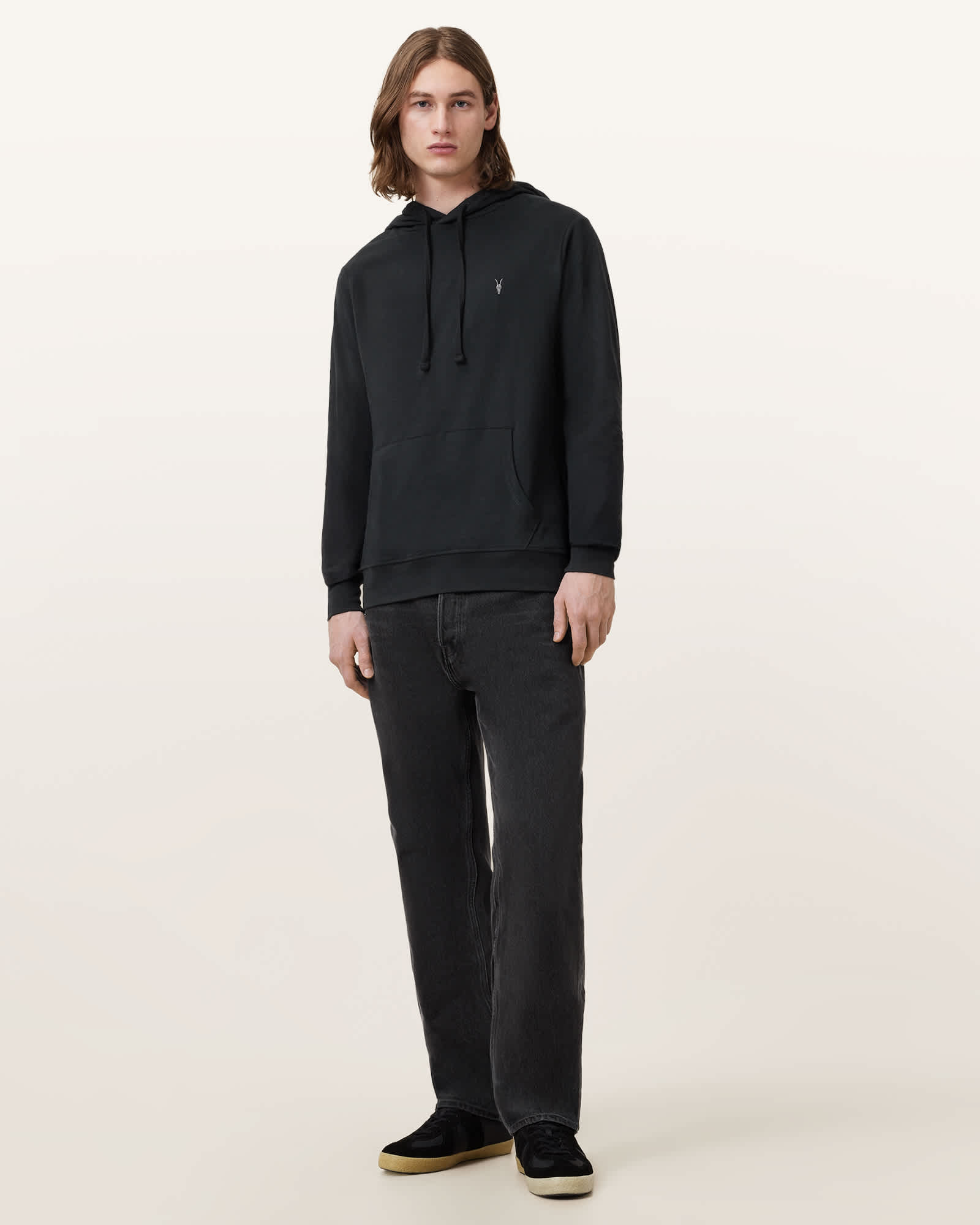 All Saints Brace Pullover Brushed Cotton Ramskull Hoodie Jet Black