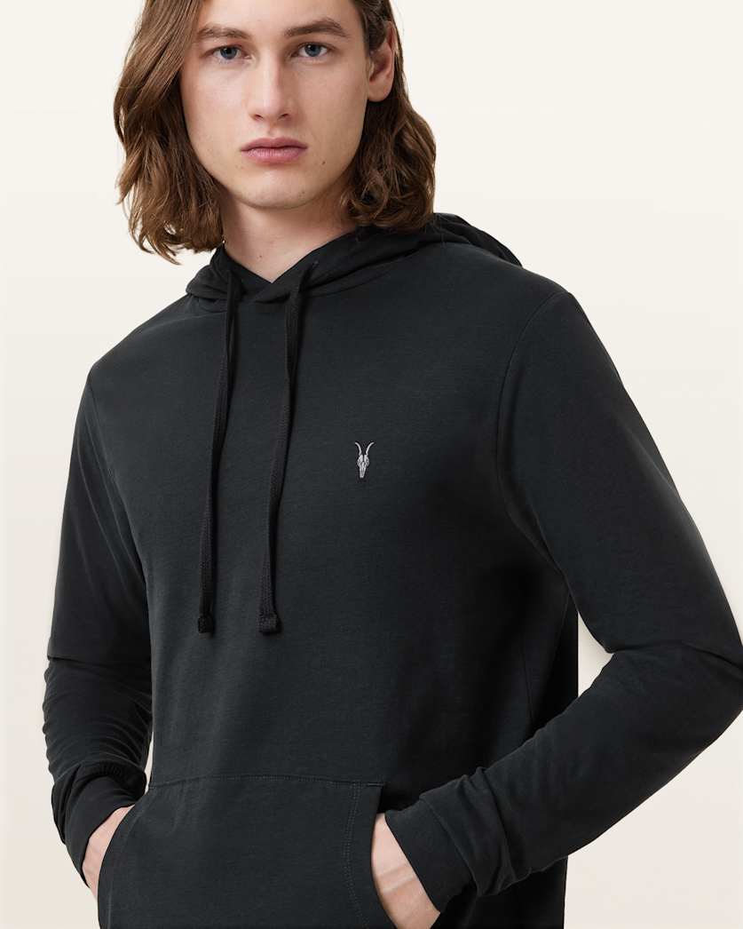 all saints Brace Pullover Brushed Cotton Ramskull Hoodie Jet Black