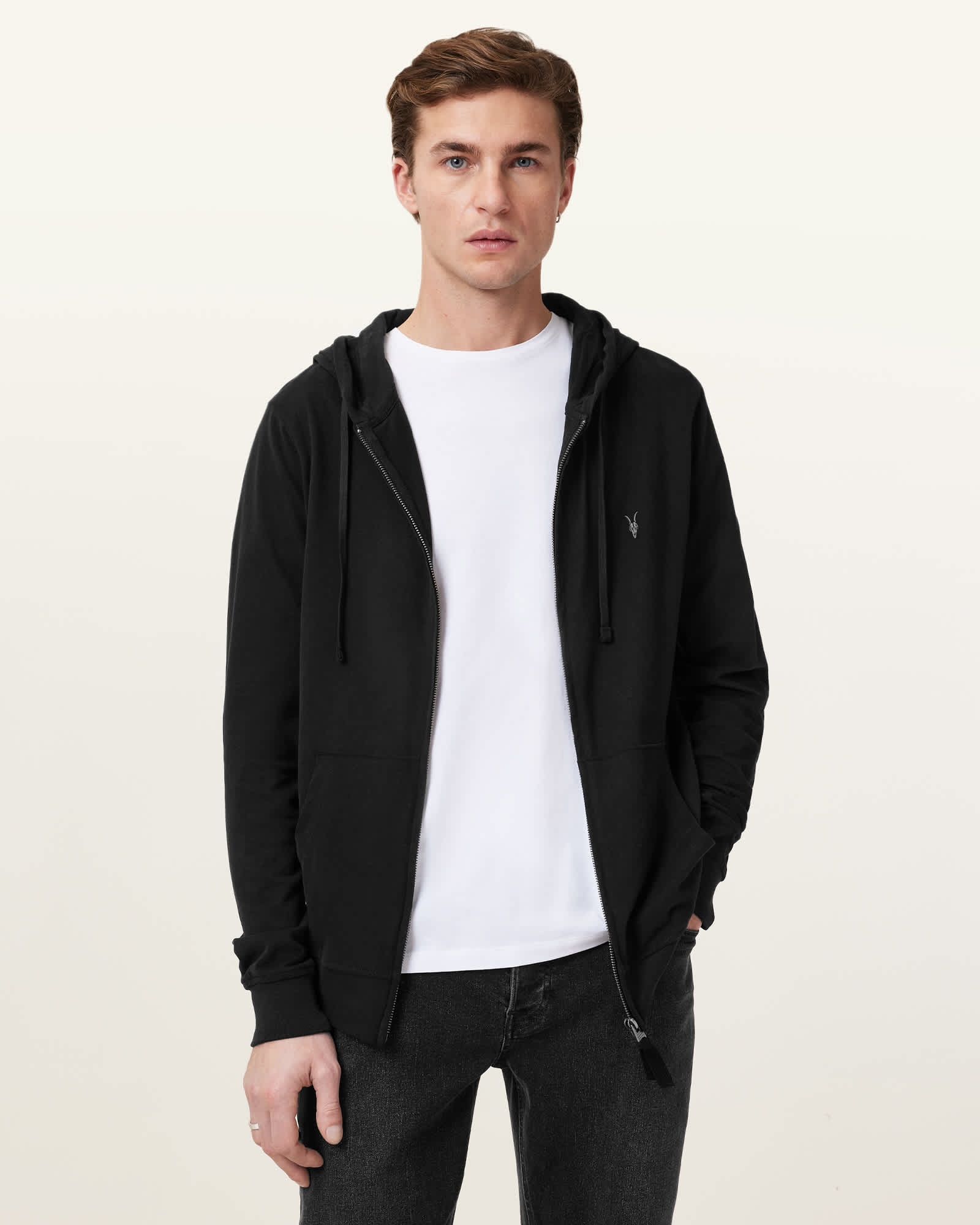 All Saints Brace Zip Up Brushed Cotton Ramskull Hoodie Jet Black