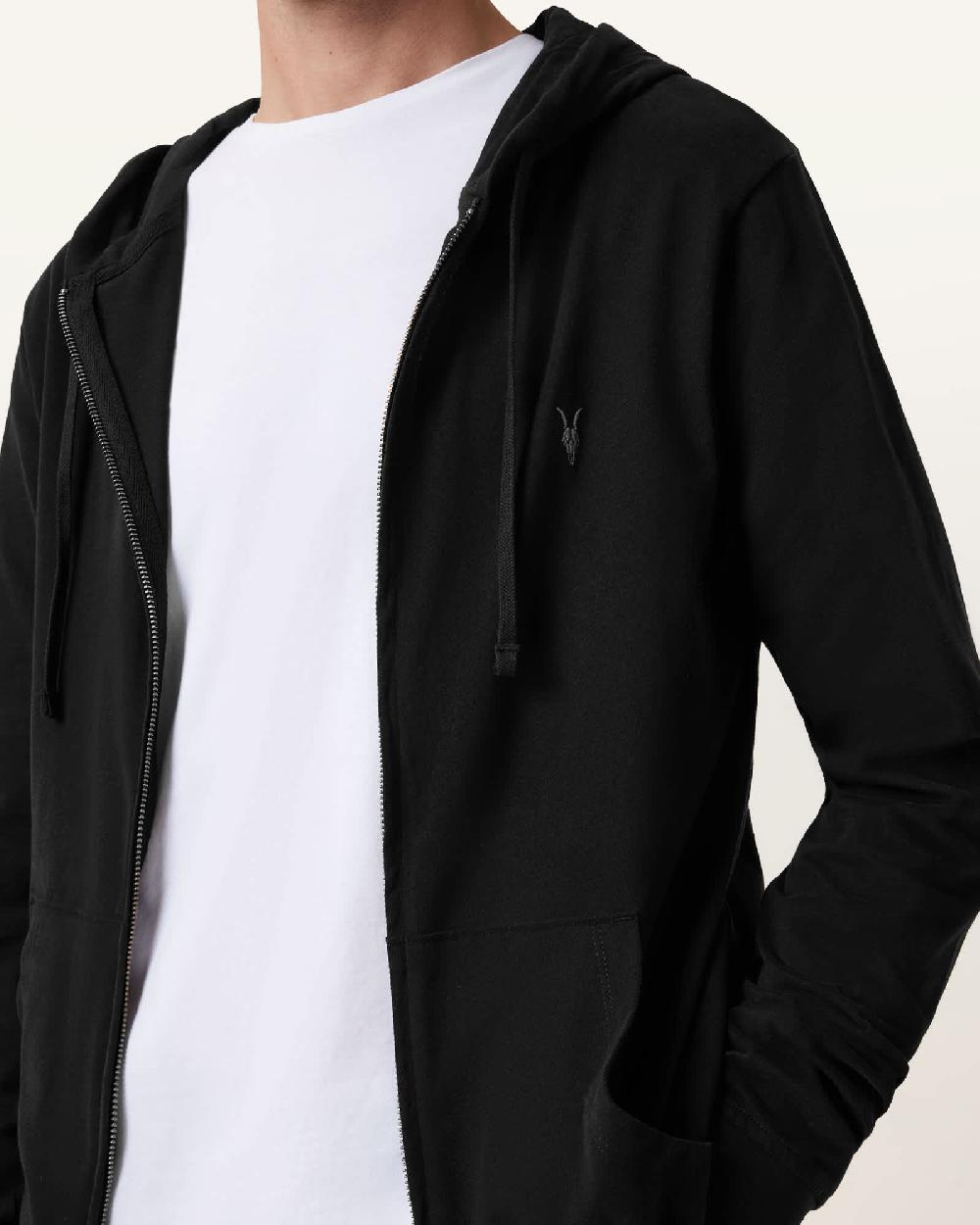 All Saints Brace Zip Up Brushed Cotton Ramskull Hoodie Jet Black