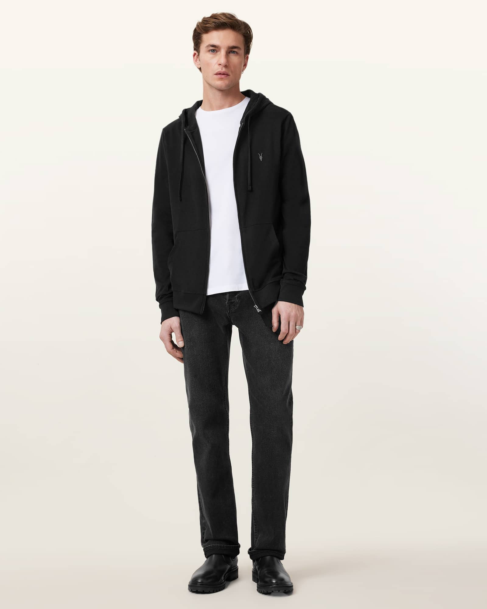 All Saints Brace Zip Up Brushed Cotton Ramskull Hoodie Jet Black