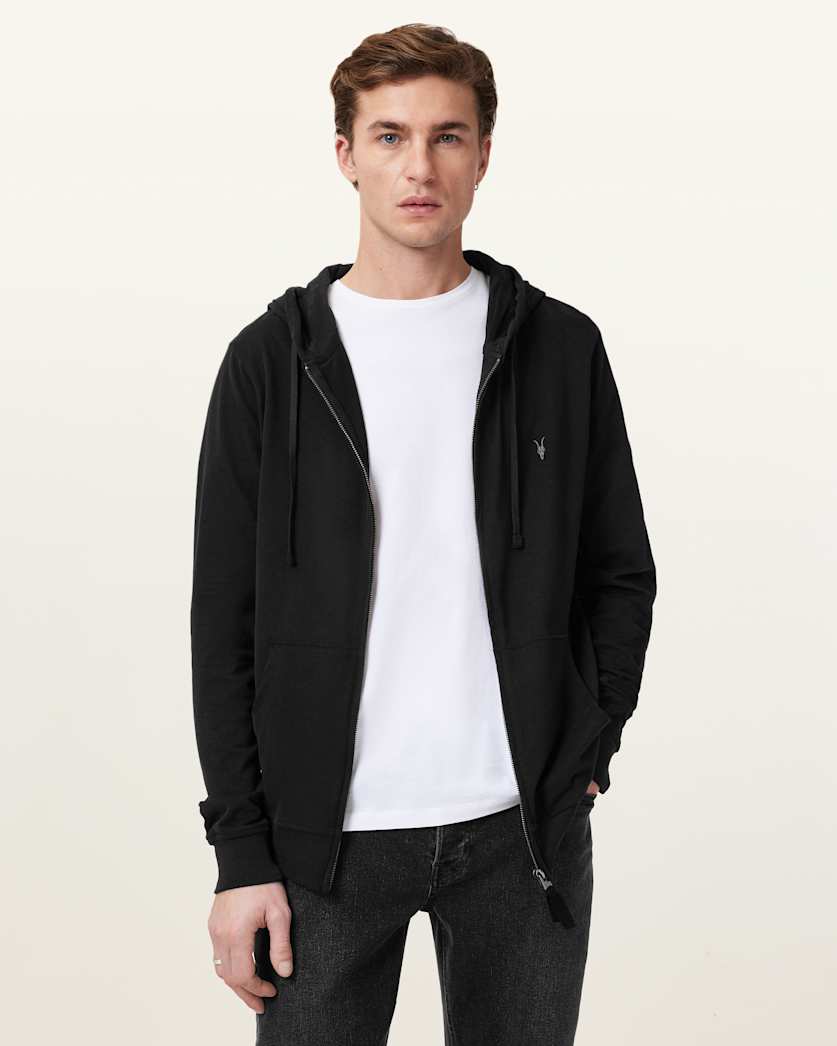 all saints Brace Zip Up Brushed Cotton Ramskull Hoodie Jet Black