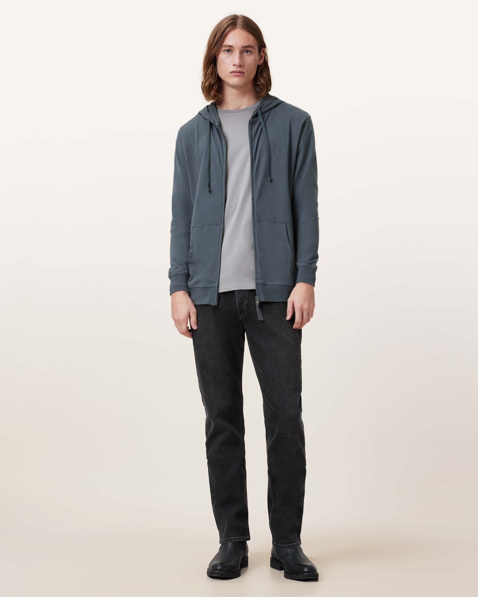 All Saints Brace Zip Up Brushed Cotton Ramskull Hoodie Pitched Blue