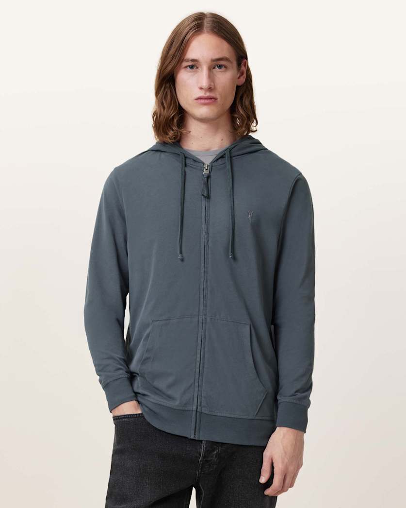 all saints Brace Zip Up Brushed Cotton Ramskull Hoodie Pitched Blue