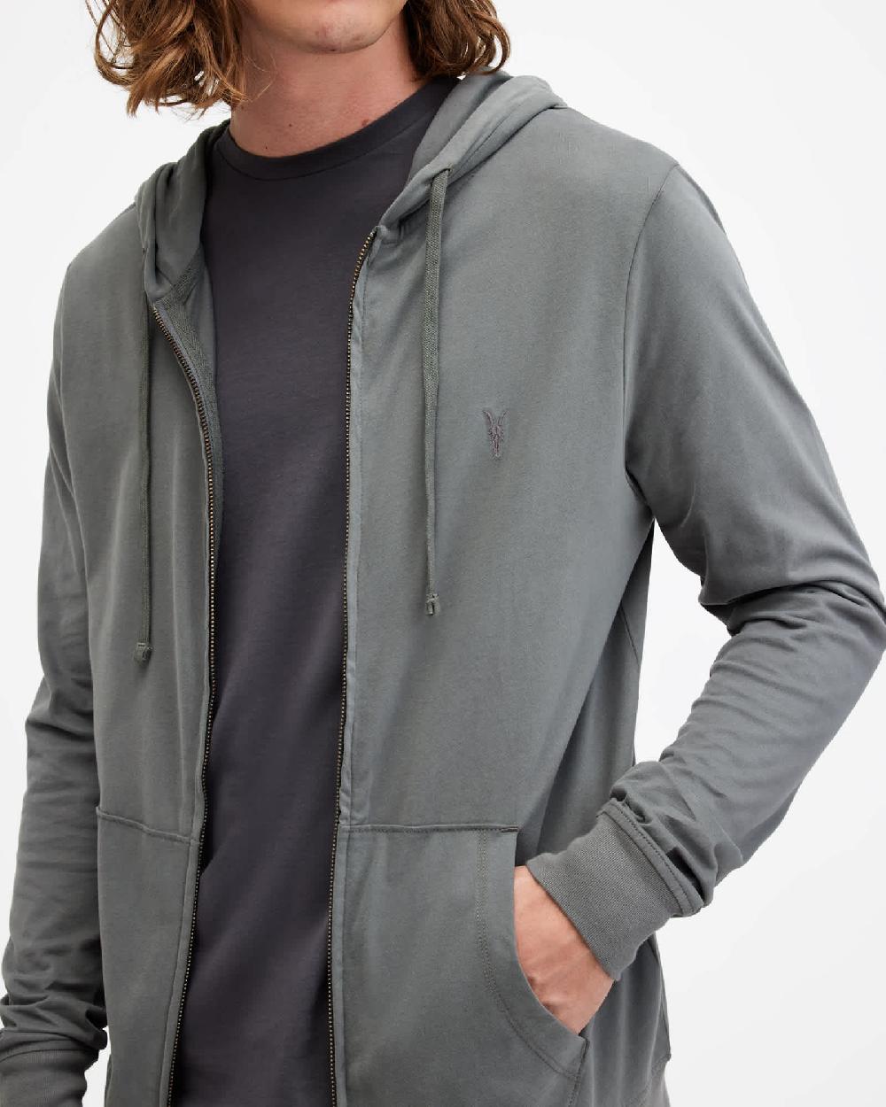 All Saints Brace Zip Up Brushed Cotton Ramskull Hoodie RAIN GREY