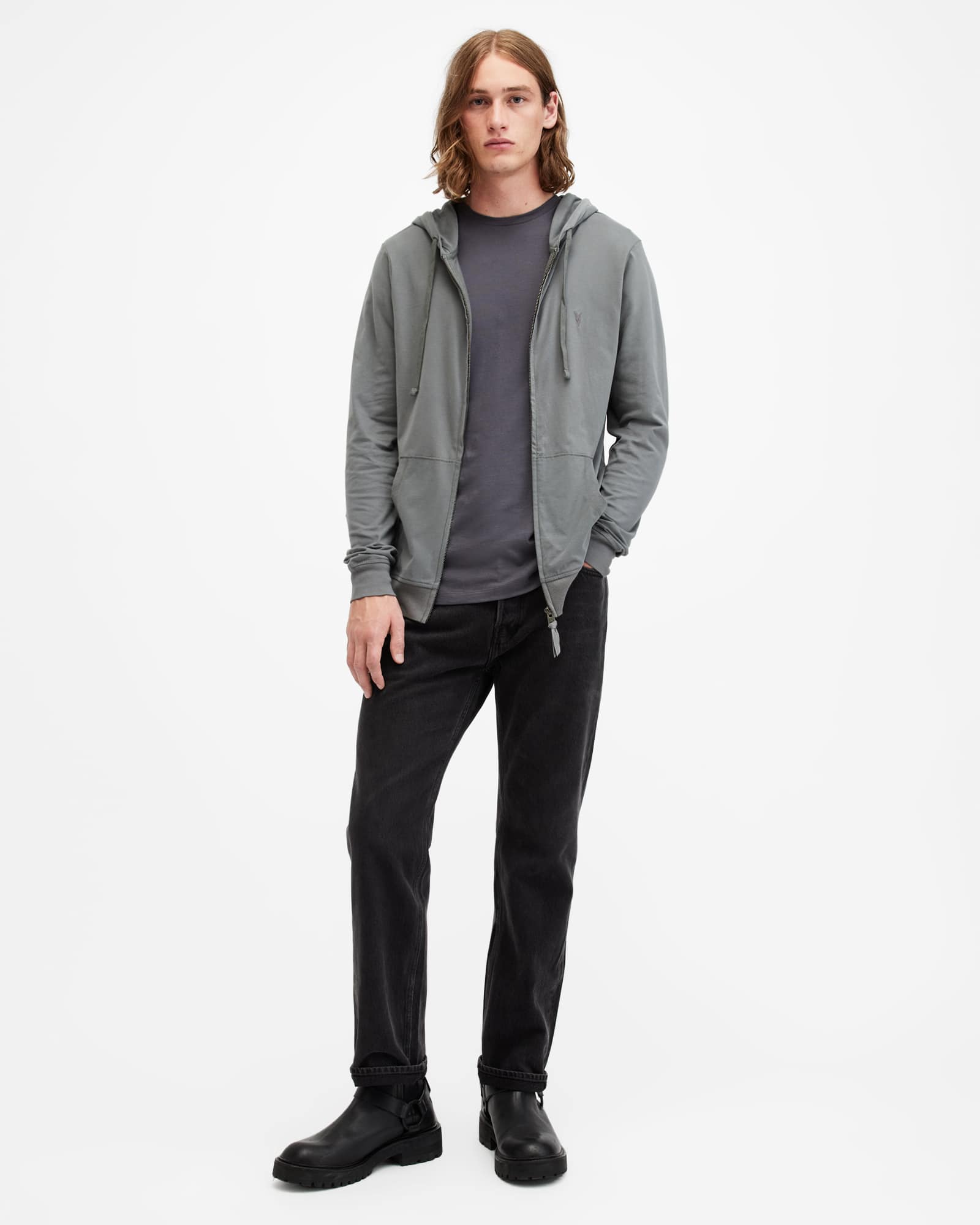 All Saints Brace Zip Up Brushed Cotton Ramskull Hoodie RAIN GREY